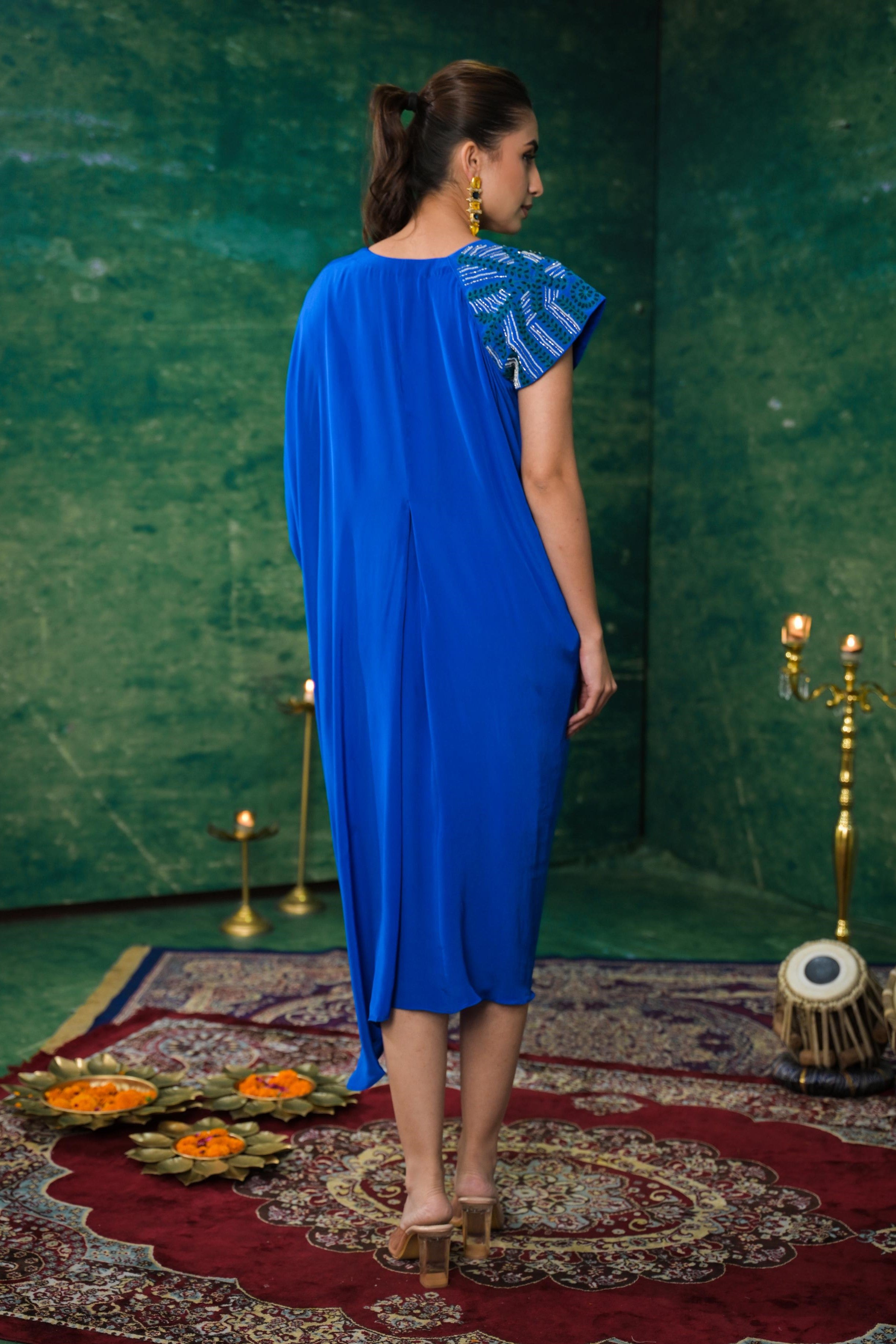 Blue Premium Silk Draped Dress