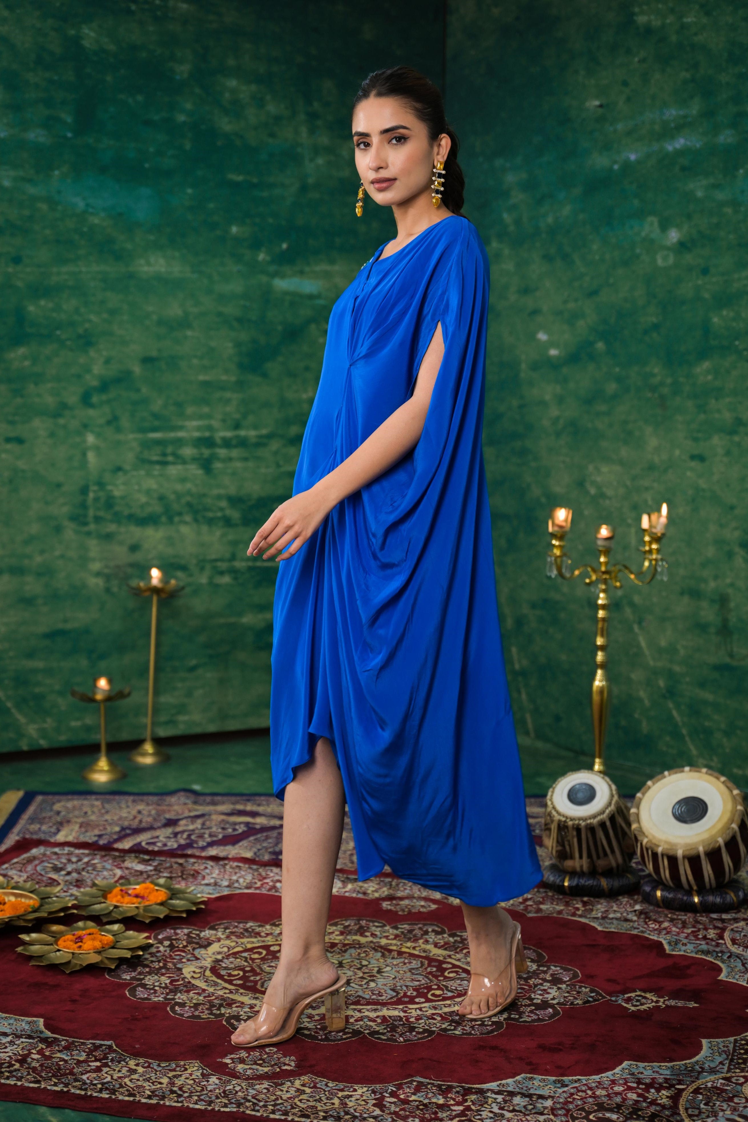 Blue Premium Silk Draped Dress