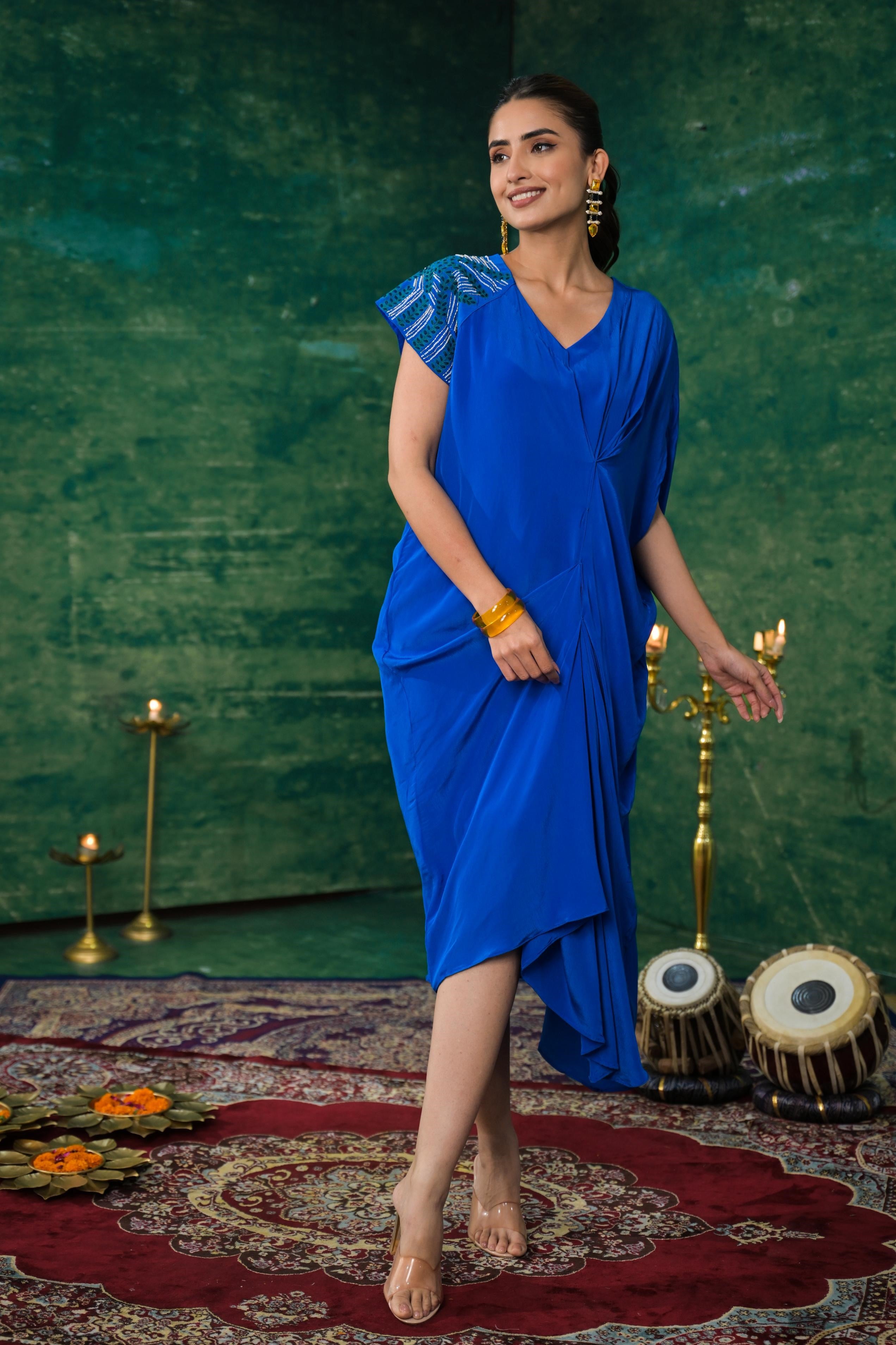 Blue Premium Silk Draped Dress