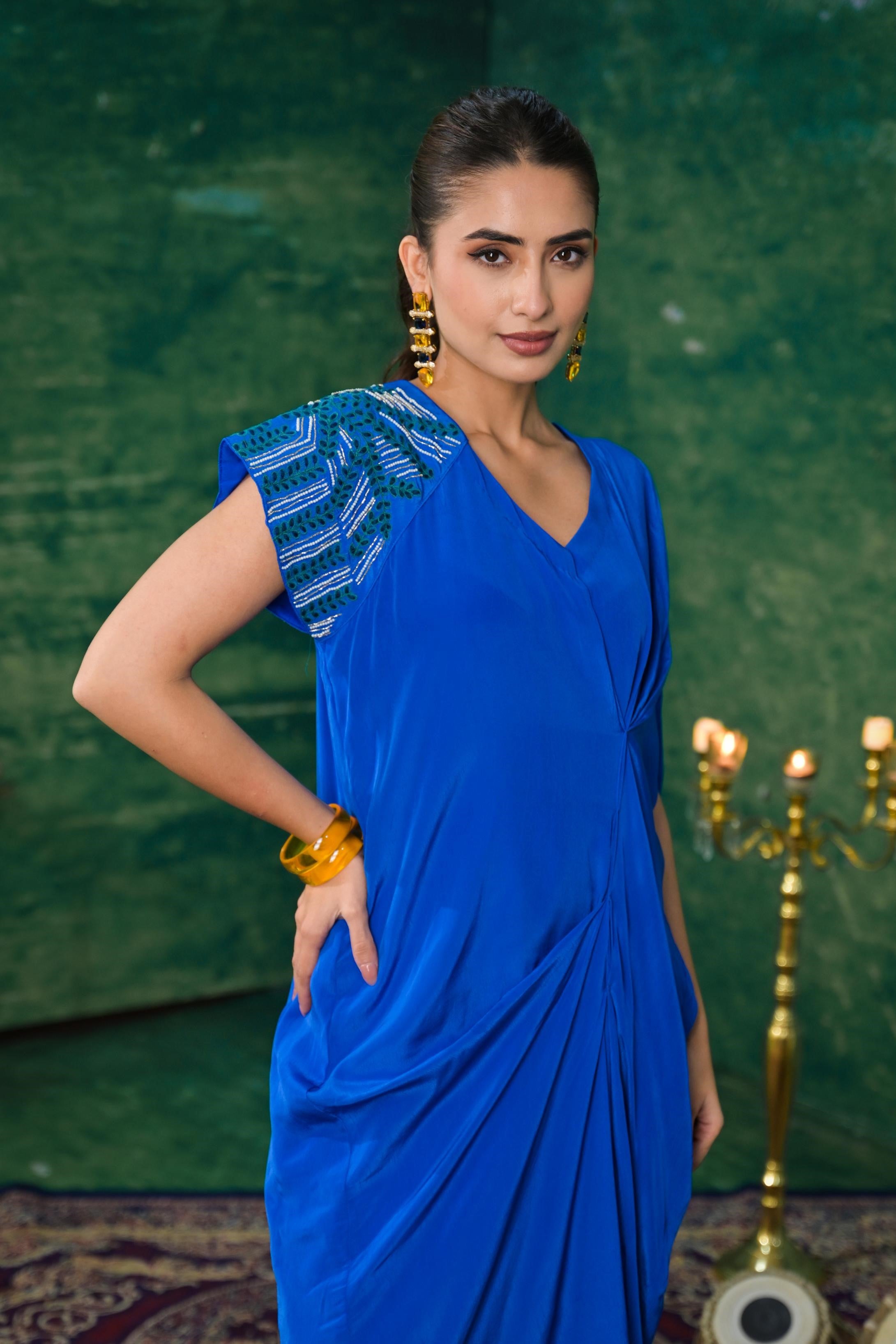 Blue Premium Silk Draped Dress