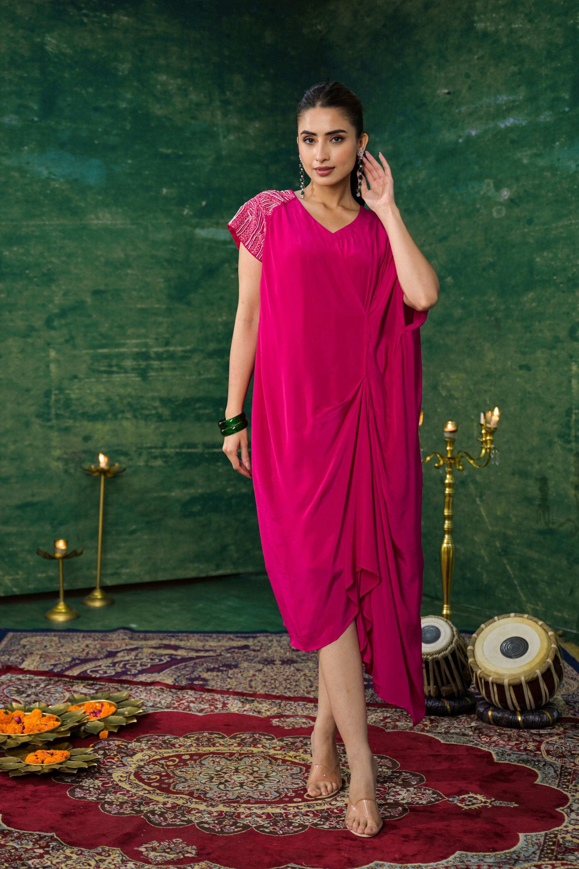 Pink Premium Silk Draped Dress