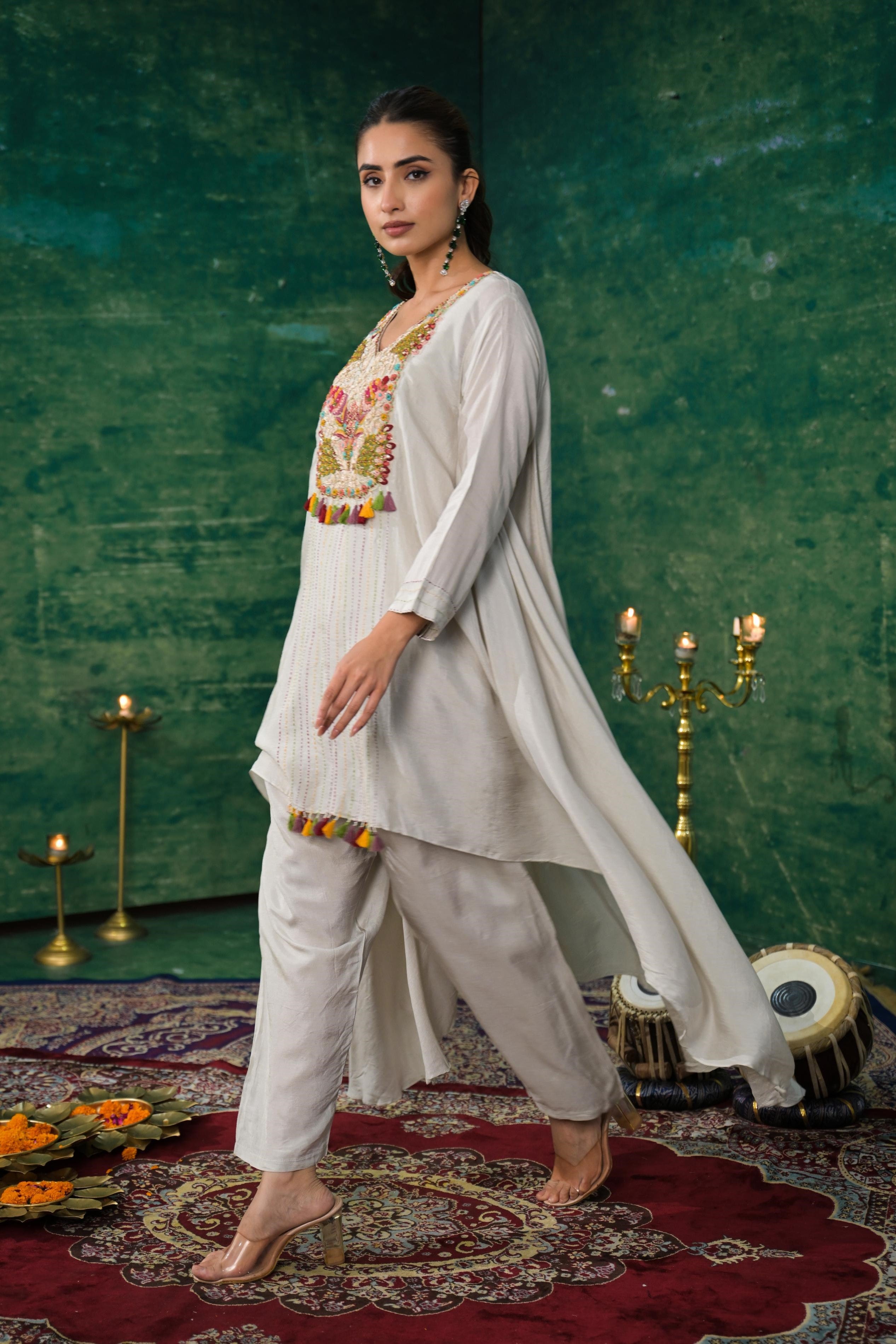 Pastel Grey Embroidered Raw Silk Kurta Set