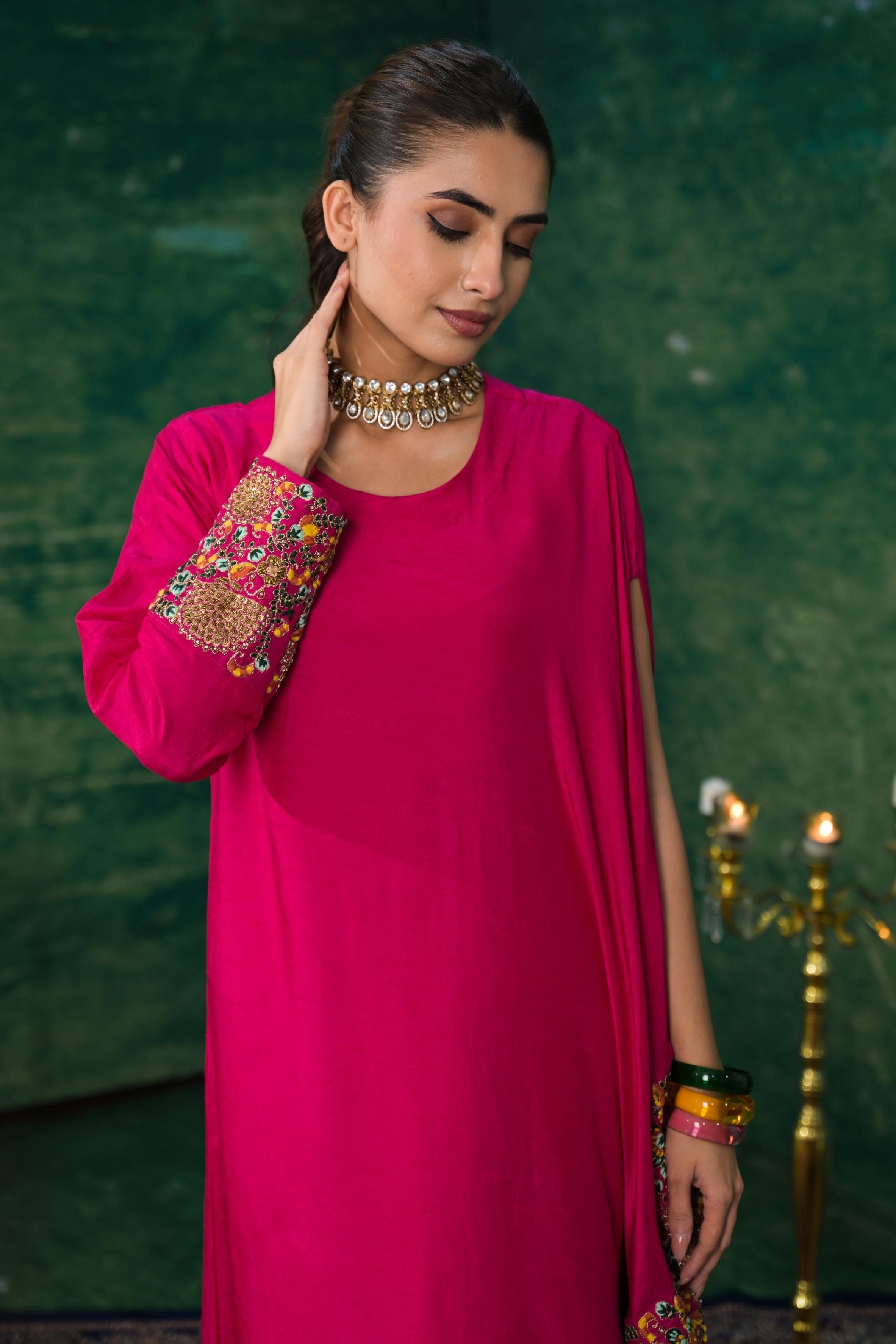 Rani Pink Embroidered Raw Silk Skirt Set