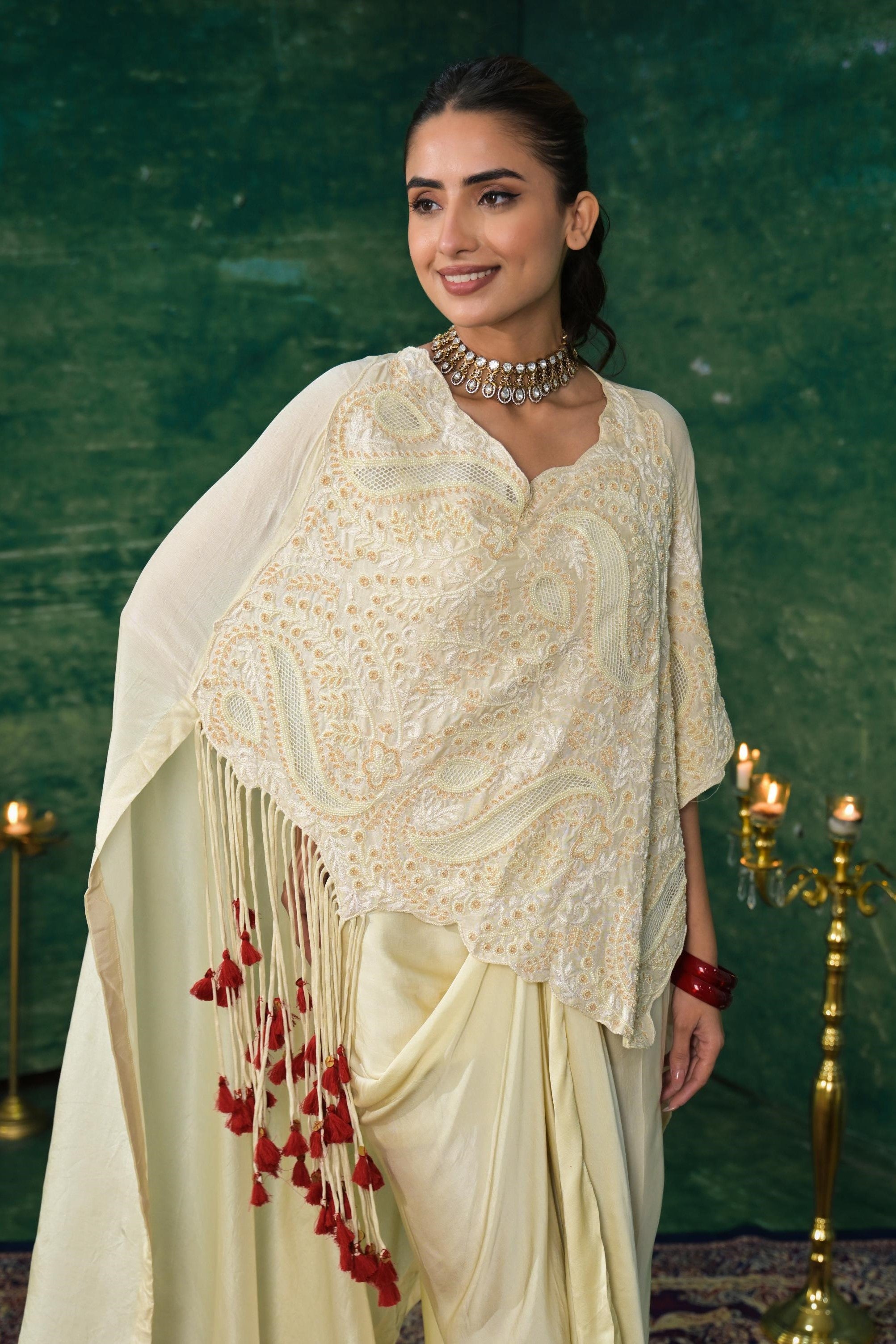 Bright Cream Embroidered Spanish Silk Skirt Set