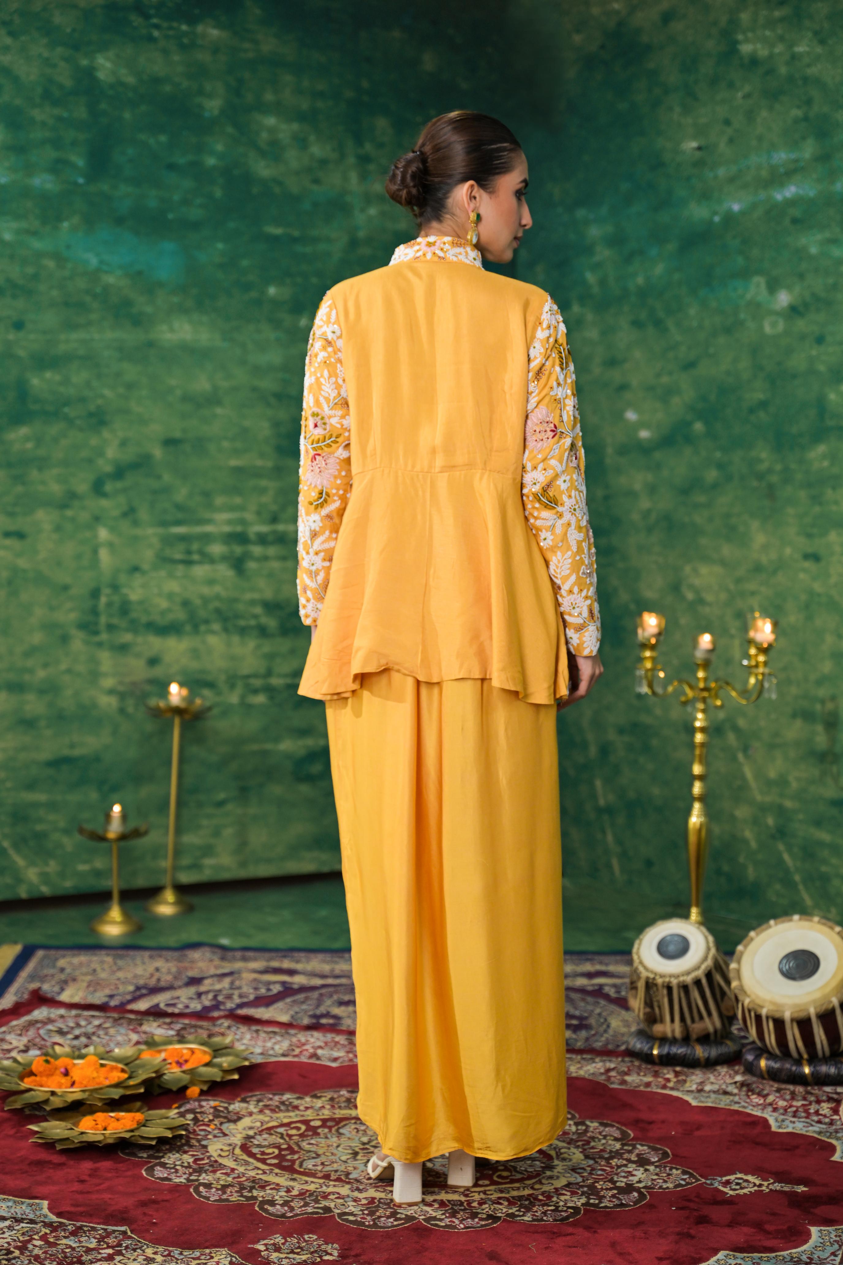 Festive Yellow Embroidered Raw Silk Skirt Set