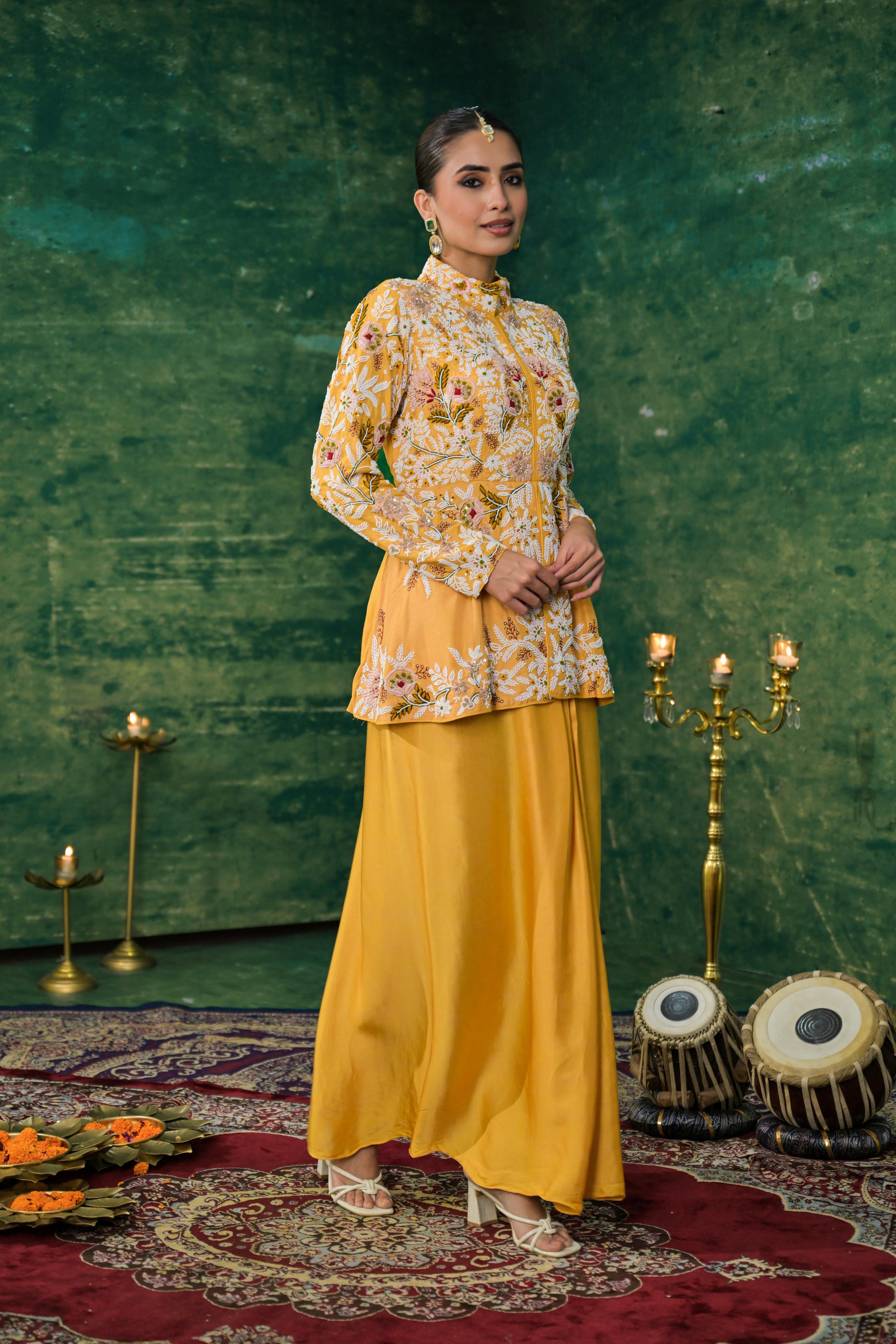 Festive Yellow Embroidered Raw Silk Skirt Set