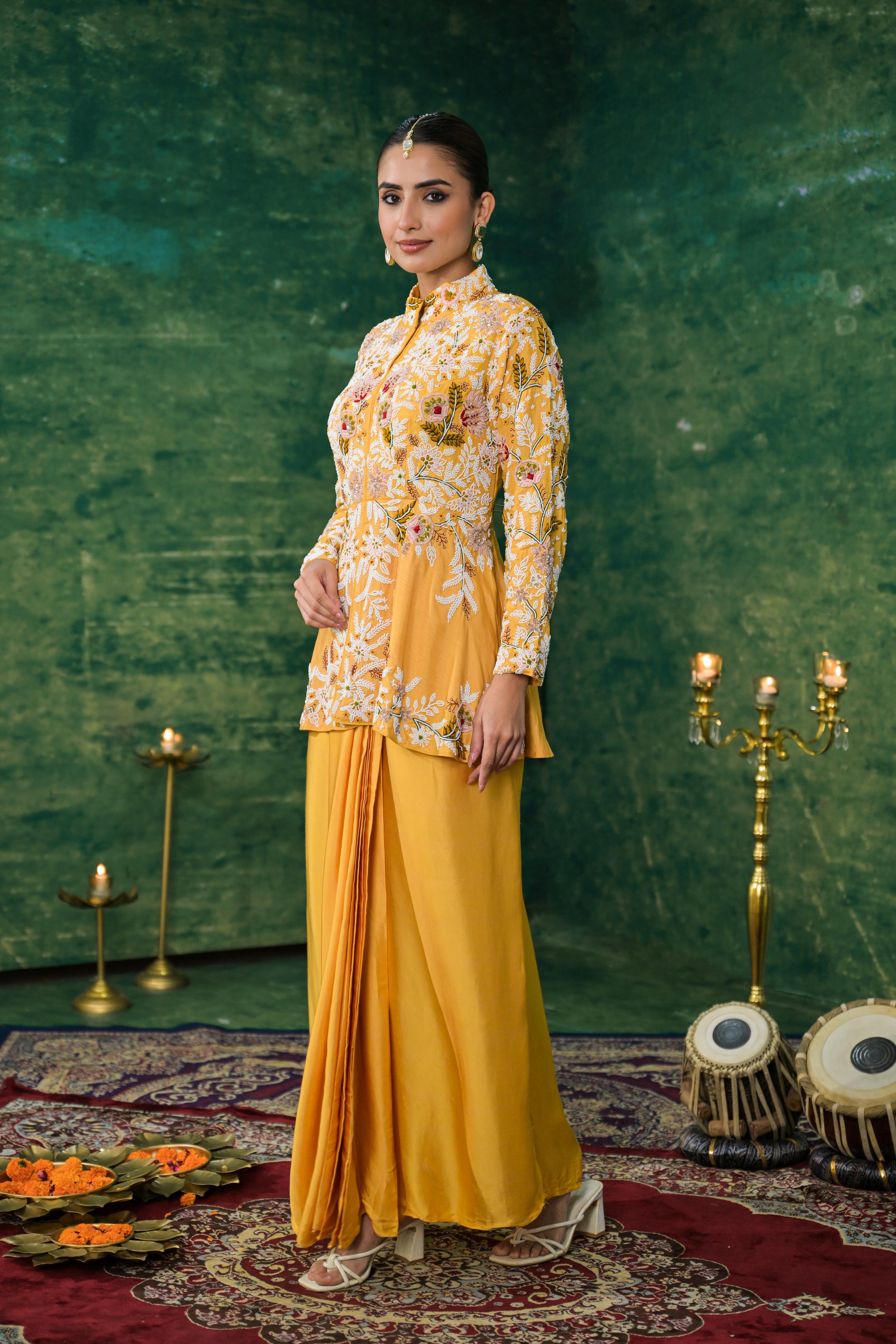 Festive Yellow Embroidered Raw Silk Skirt Set