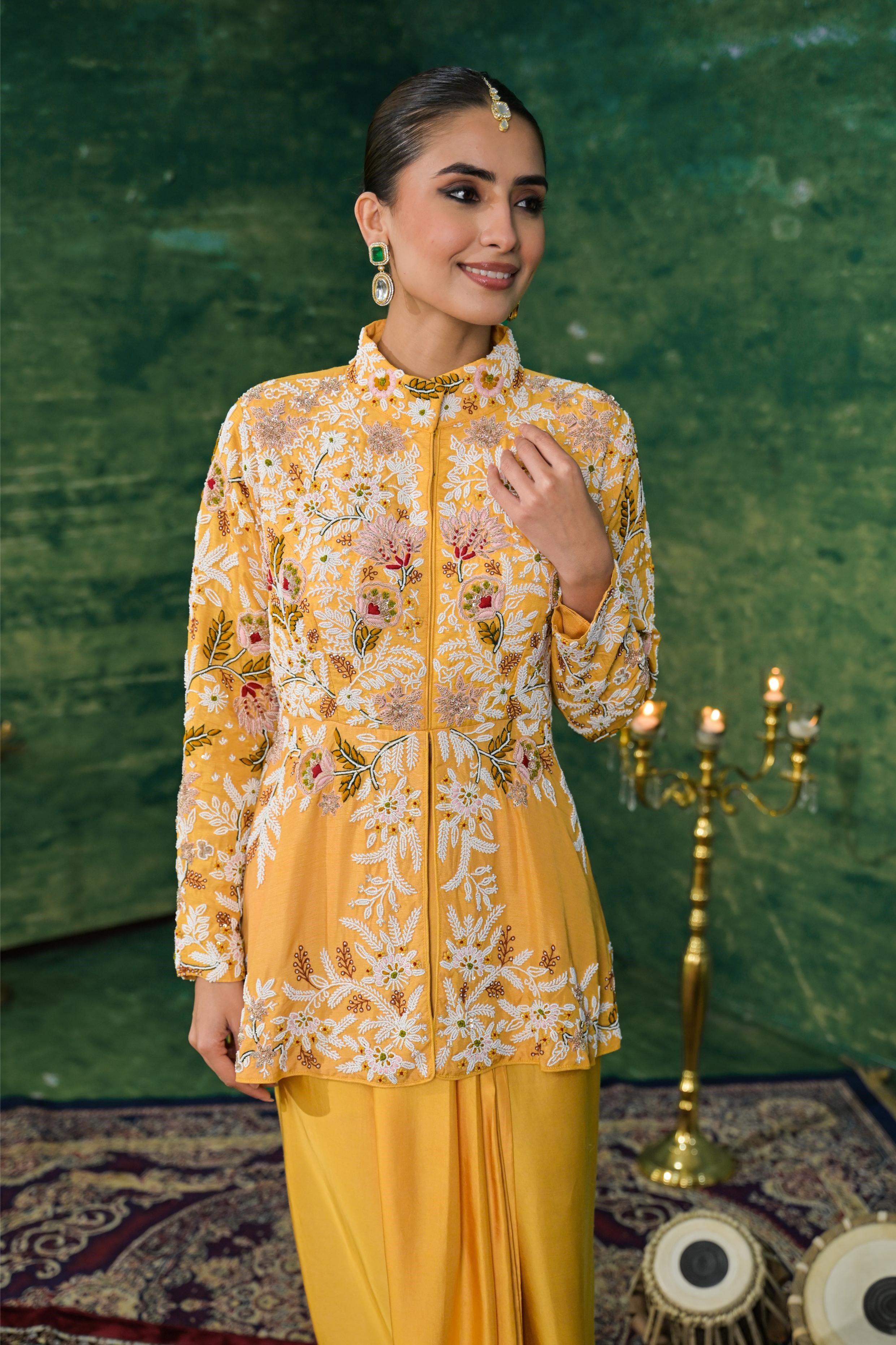 Festive Yellow Embroidered Raw Silk Skirt Set