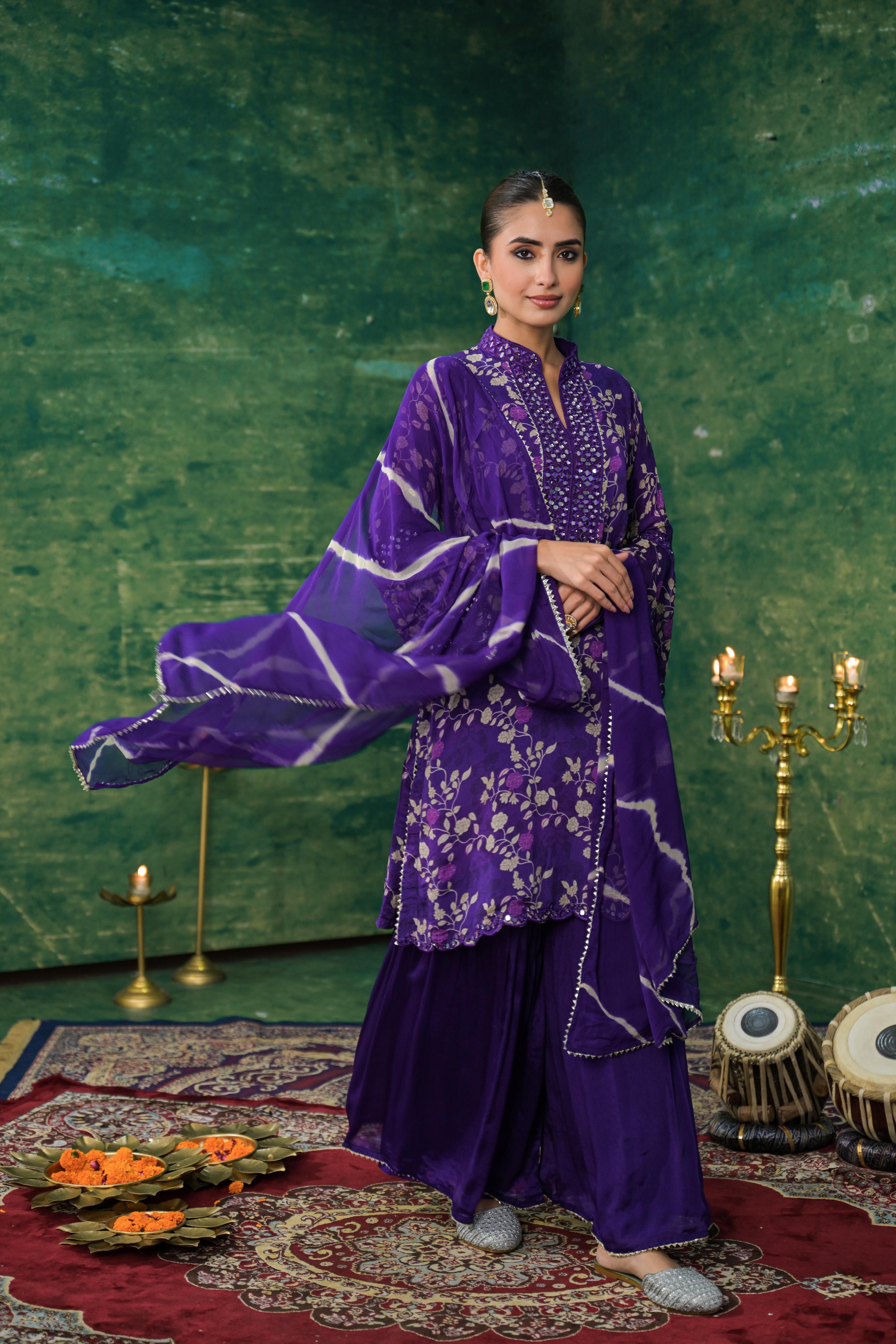 Purple Floral Printed Chinon Silk Sharara Set