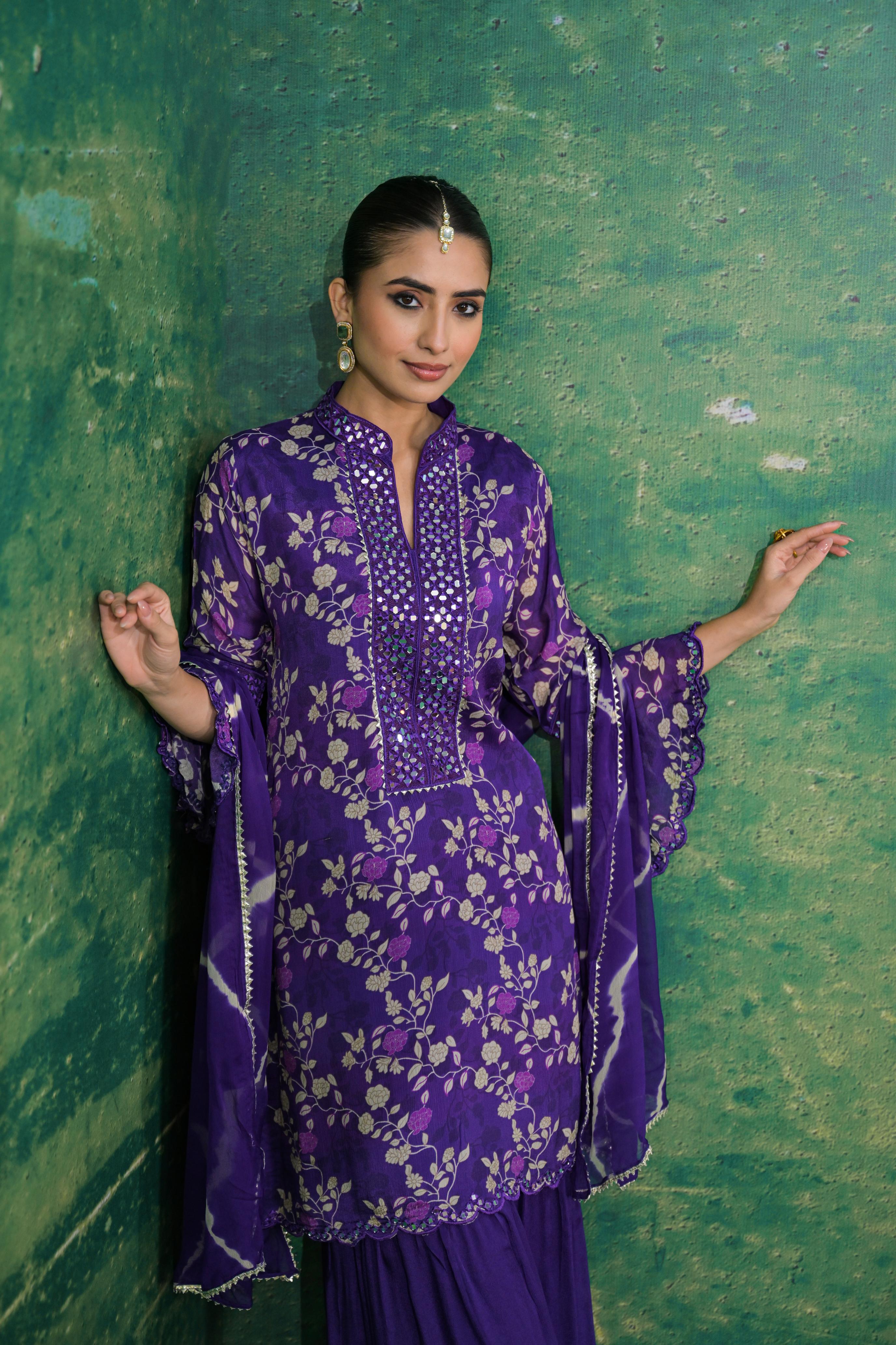 Purple Floral Printed Chinon Silk Sharara Set