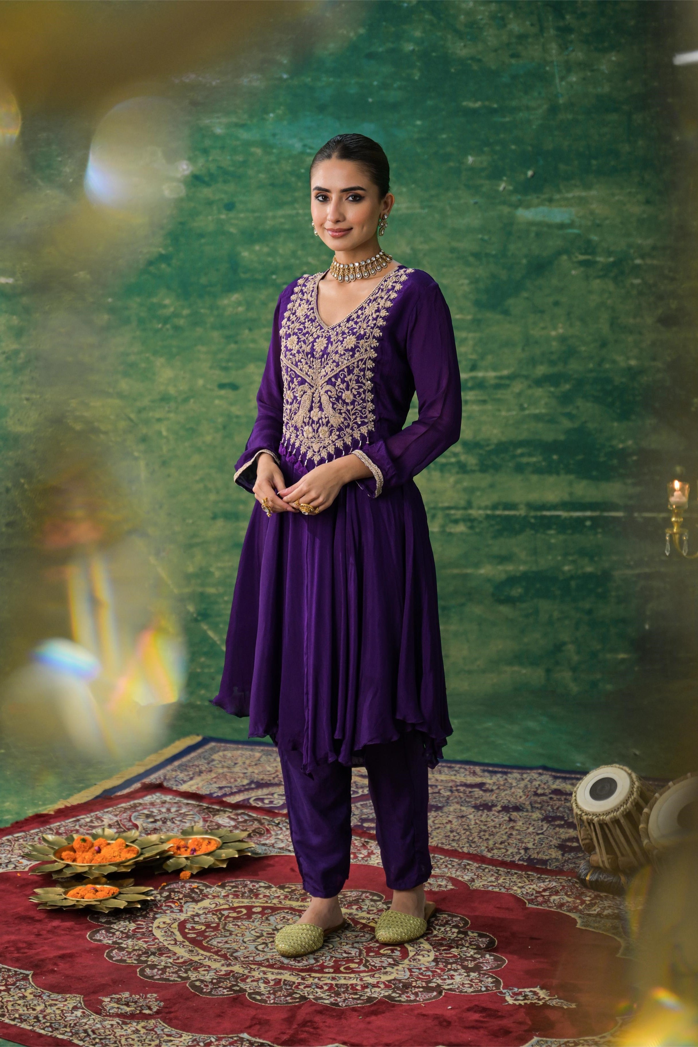 Purple Embroidered Chinon Silk Kurta Set