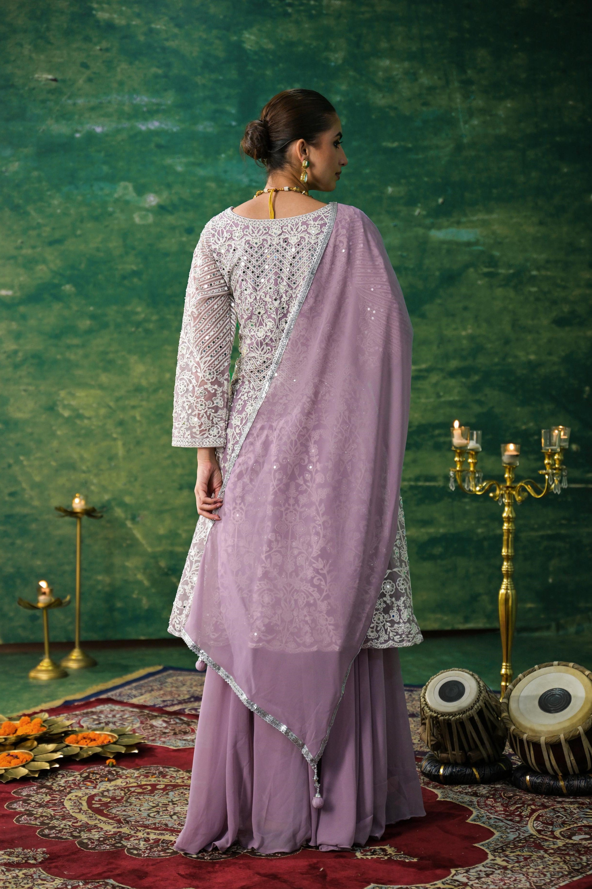 Dusty Mauve Embellished Swiss Georgette Silk Palazzo Set