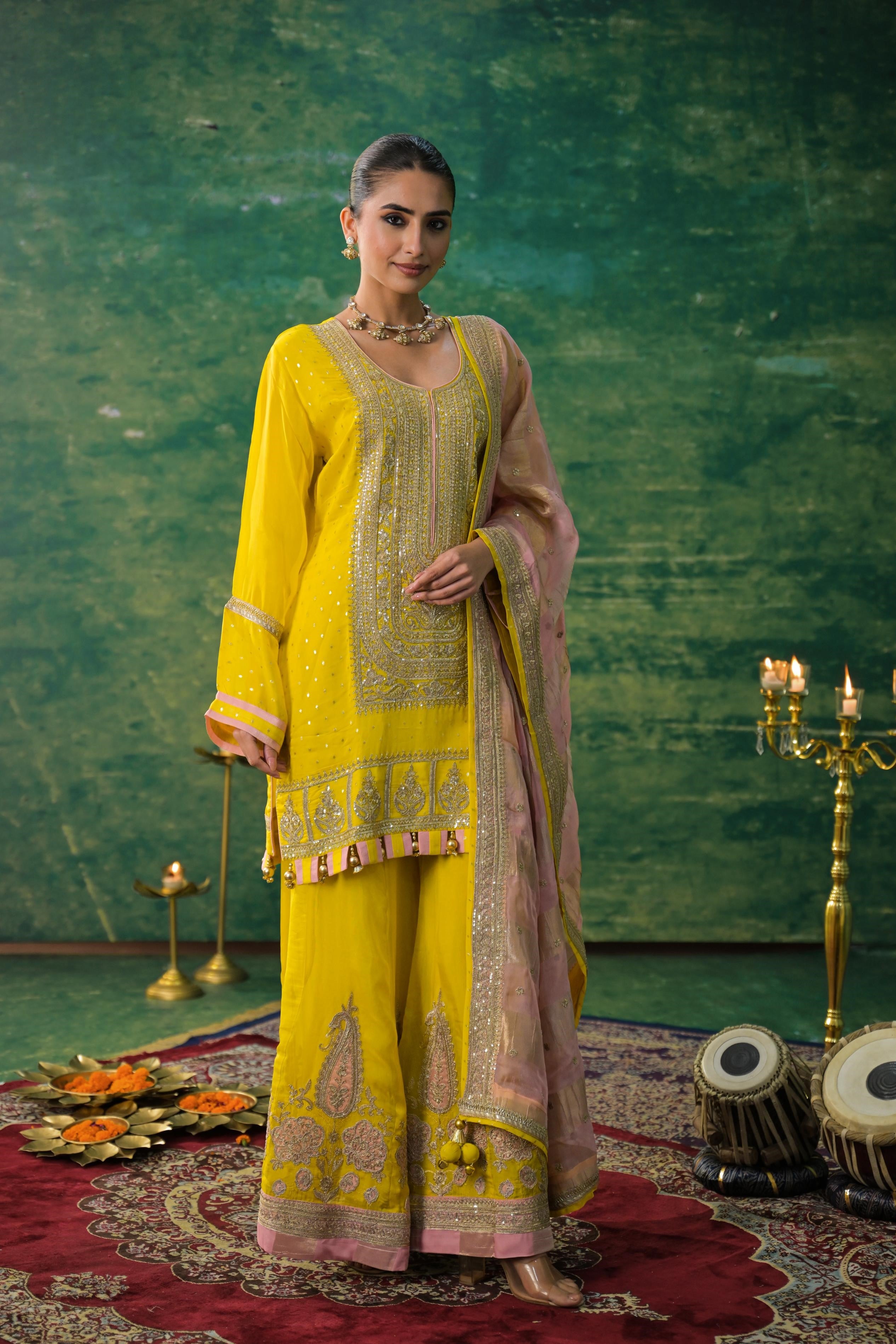 Pear Green Embroidered Organza Silk Sharara Set