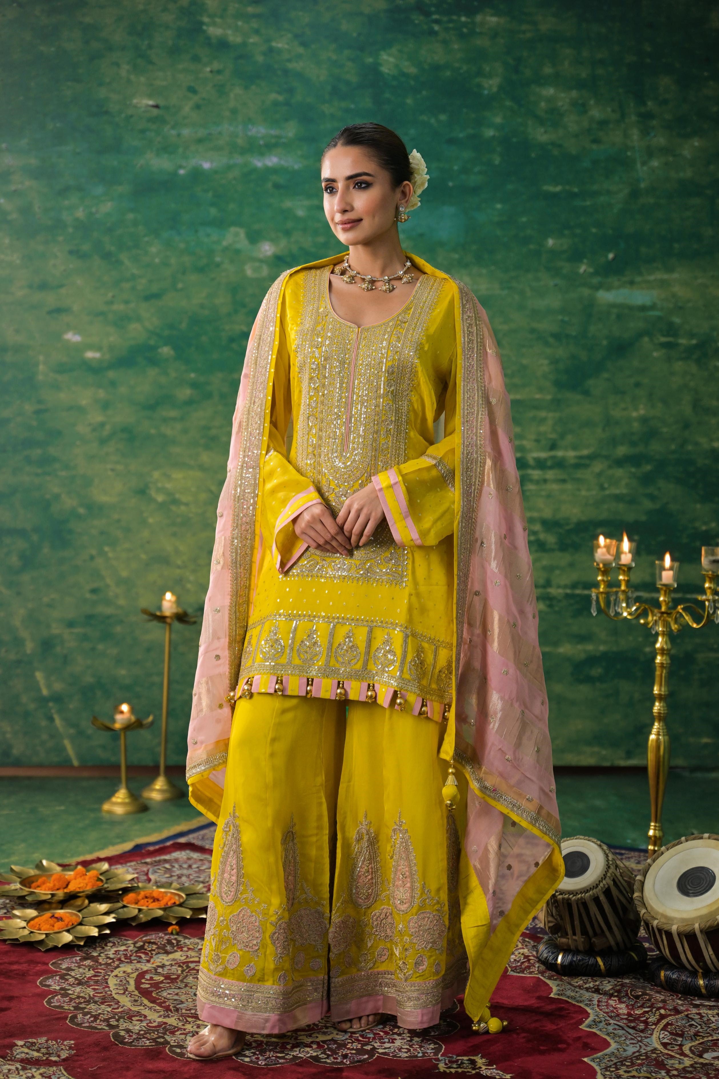 Pear Green Embroidered Organza Silk Sharara Set