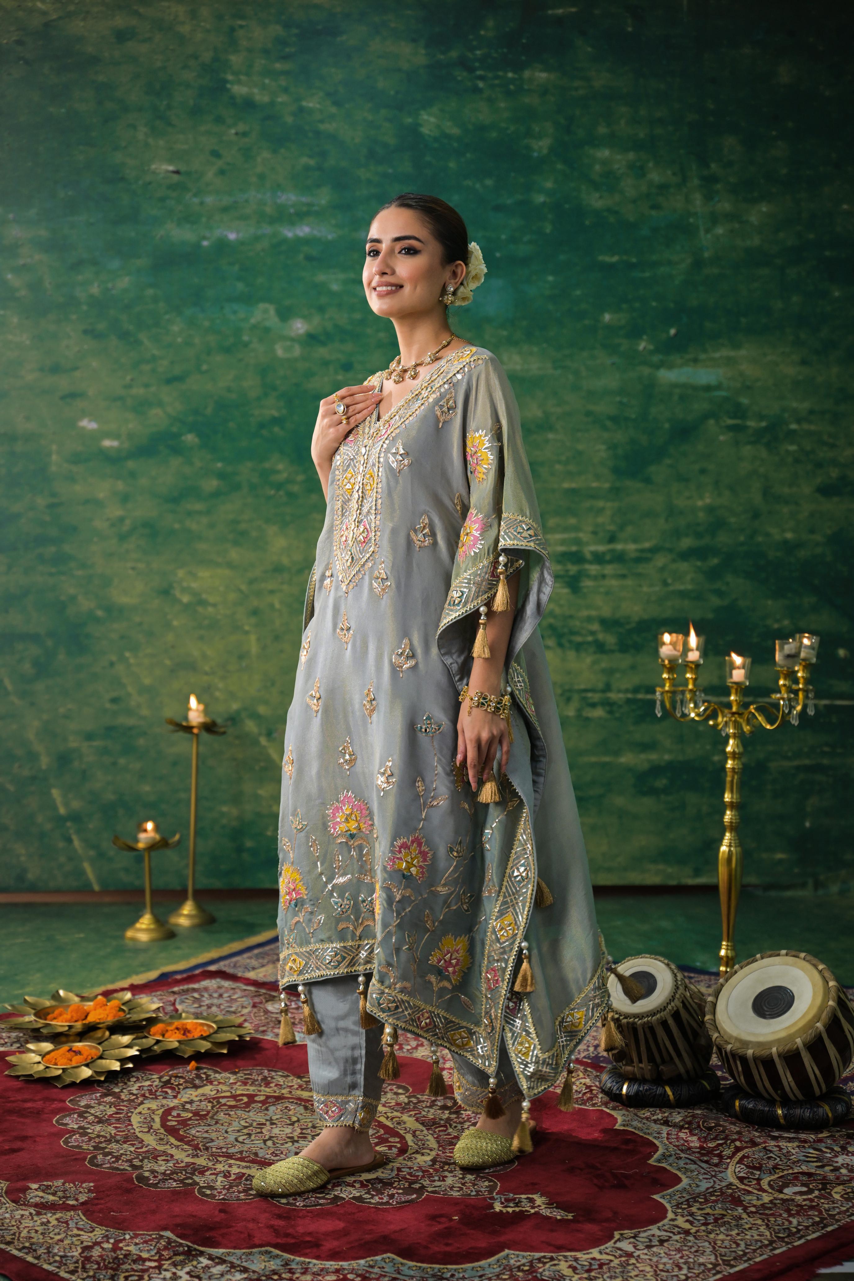 Greyish Teal Shimmer Silk Kaftan Set