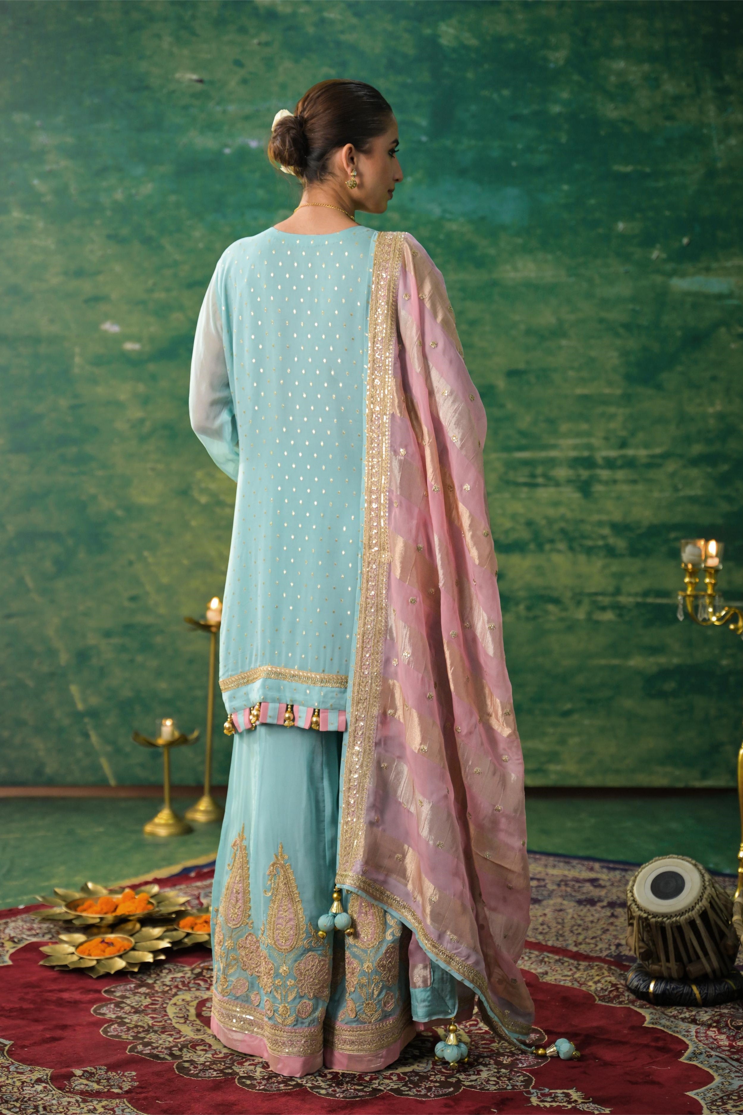 Light Blue Embroidered Organza Silk Sharara Set