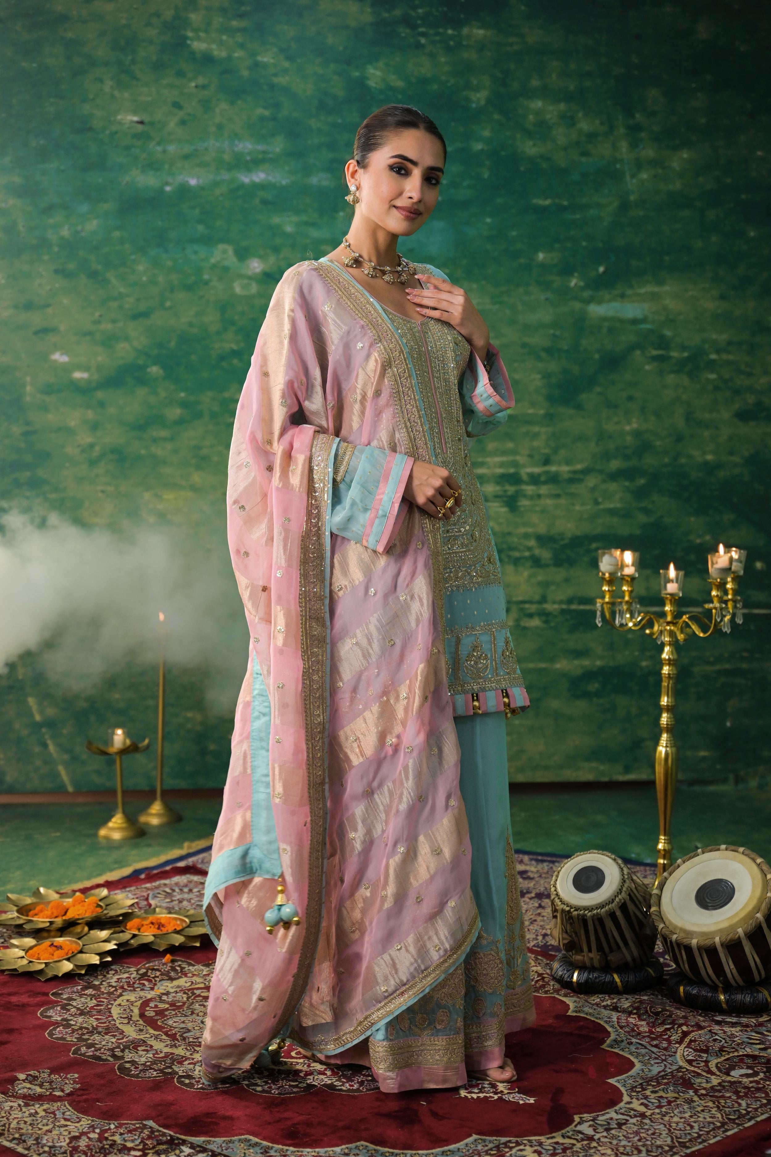 Light Blue Embroidered Organza Silk Sharara Set