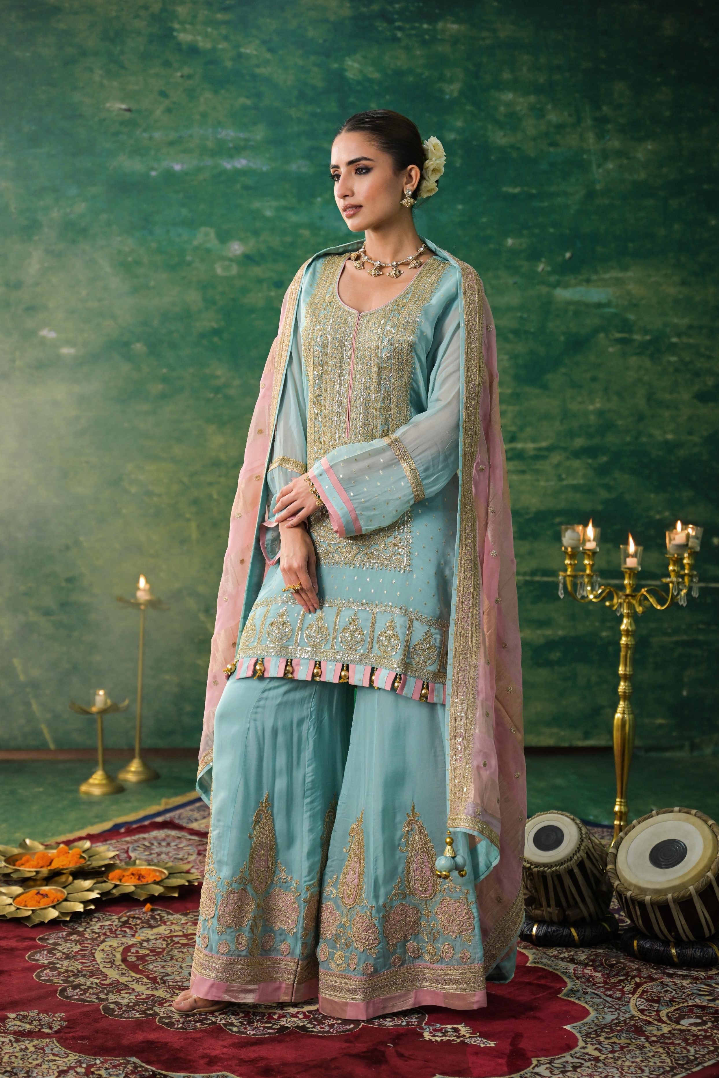 Light Blue Embroidered Organza Silk Sharara Set