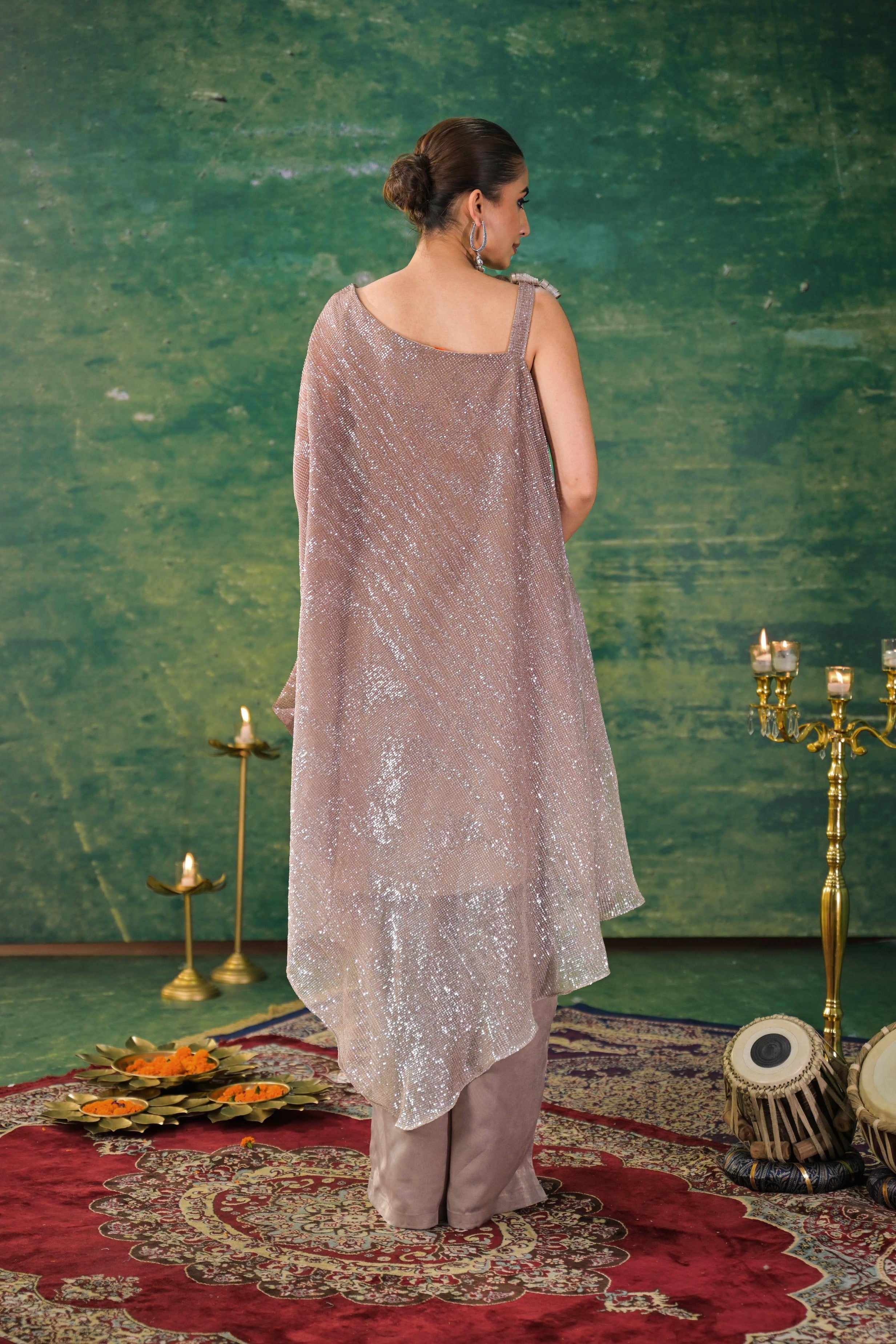 Dark Nude Shimmer Net Tunic & Palazzo Set