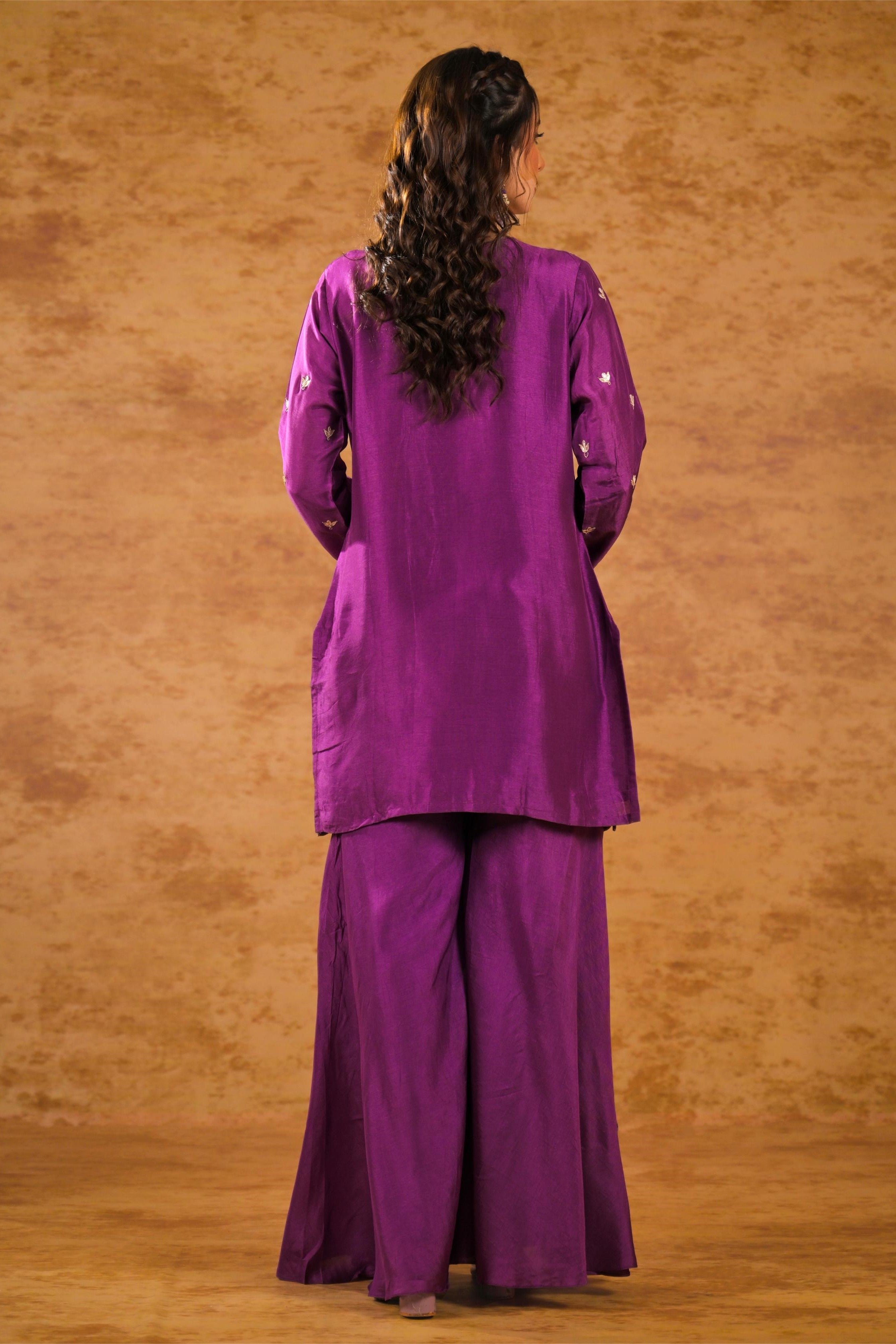 Purple Embroidered Pure Silk Sharara Set