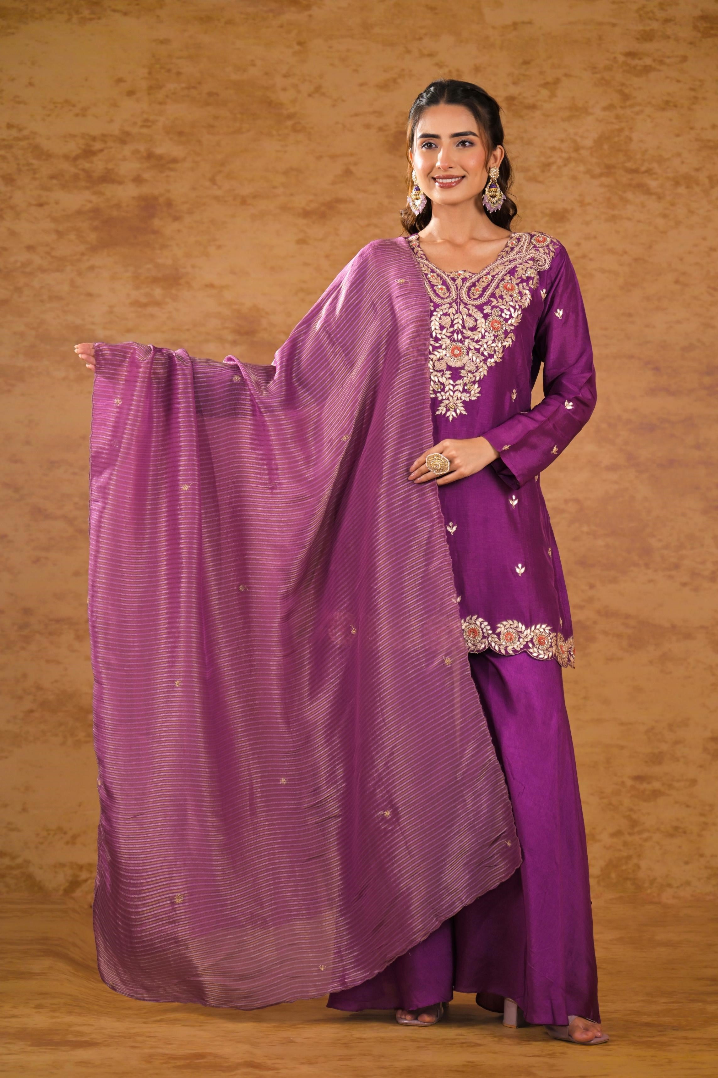 Purple Embroidered Pure Silk Sharara Set