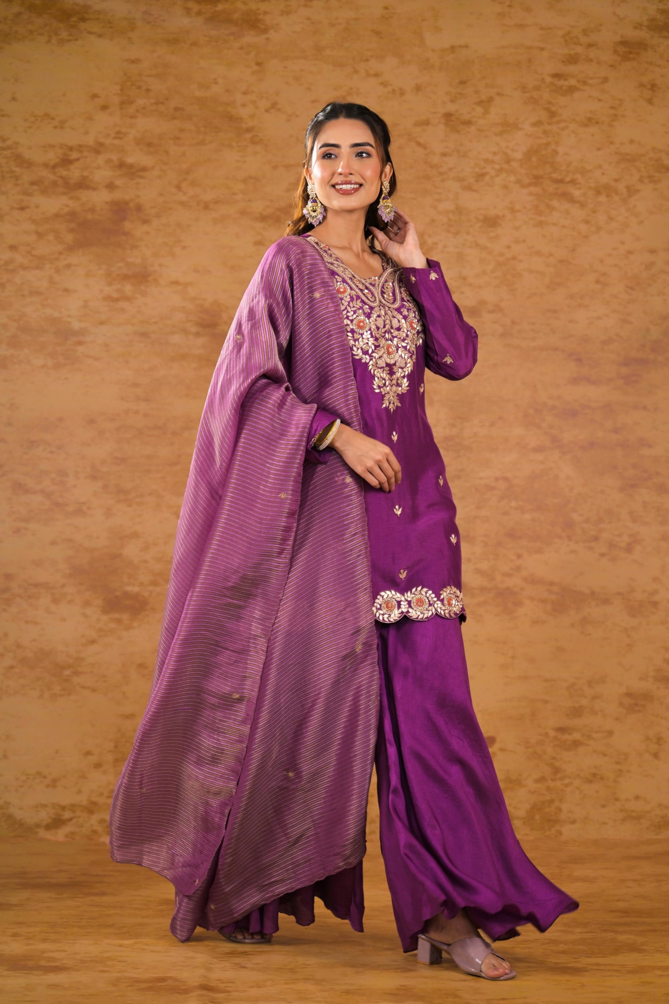 Purple Embroidered Pure Silk Sharara Set