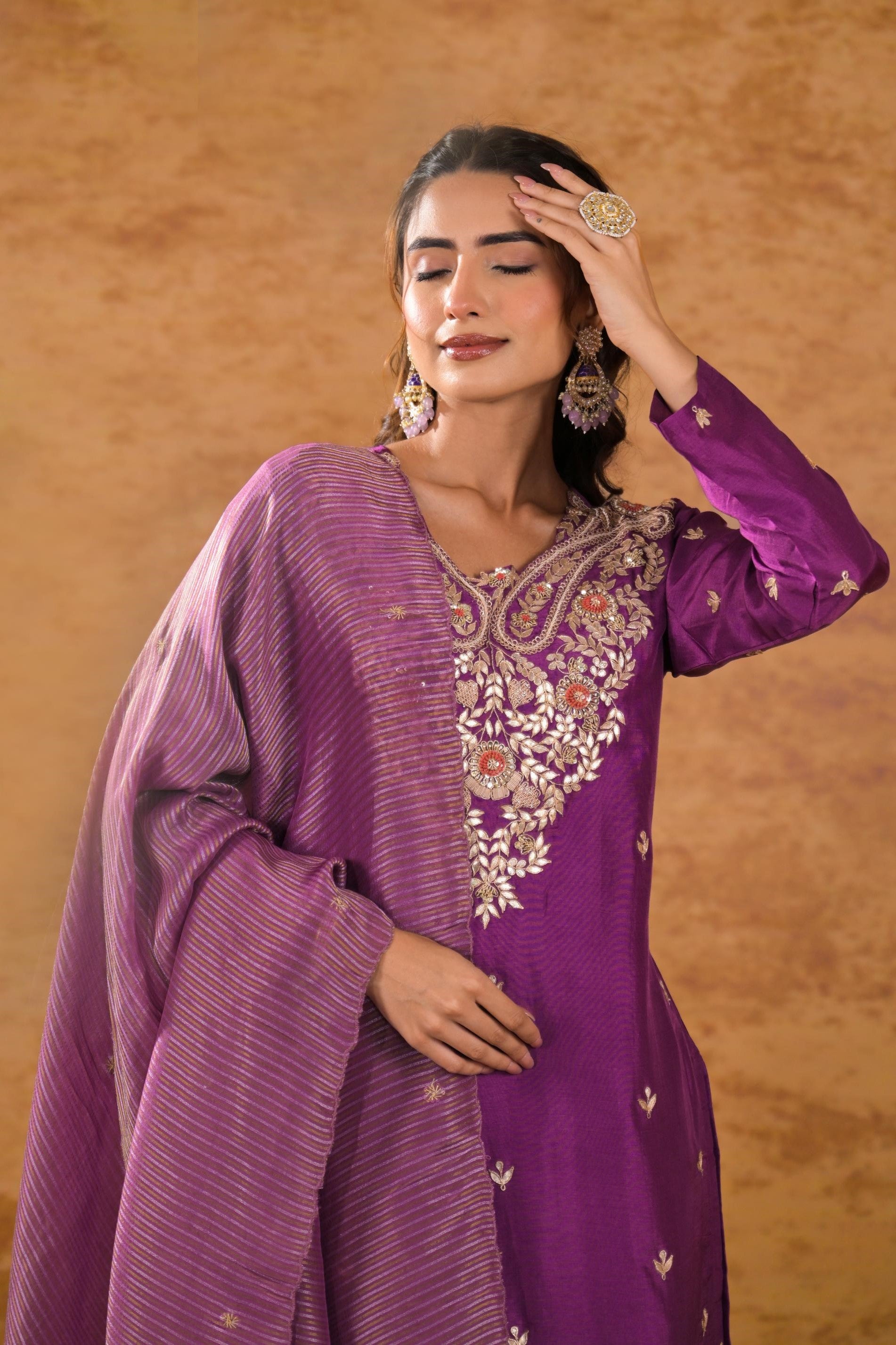 Purple Embroidered Pure Silk Sharara Set