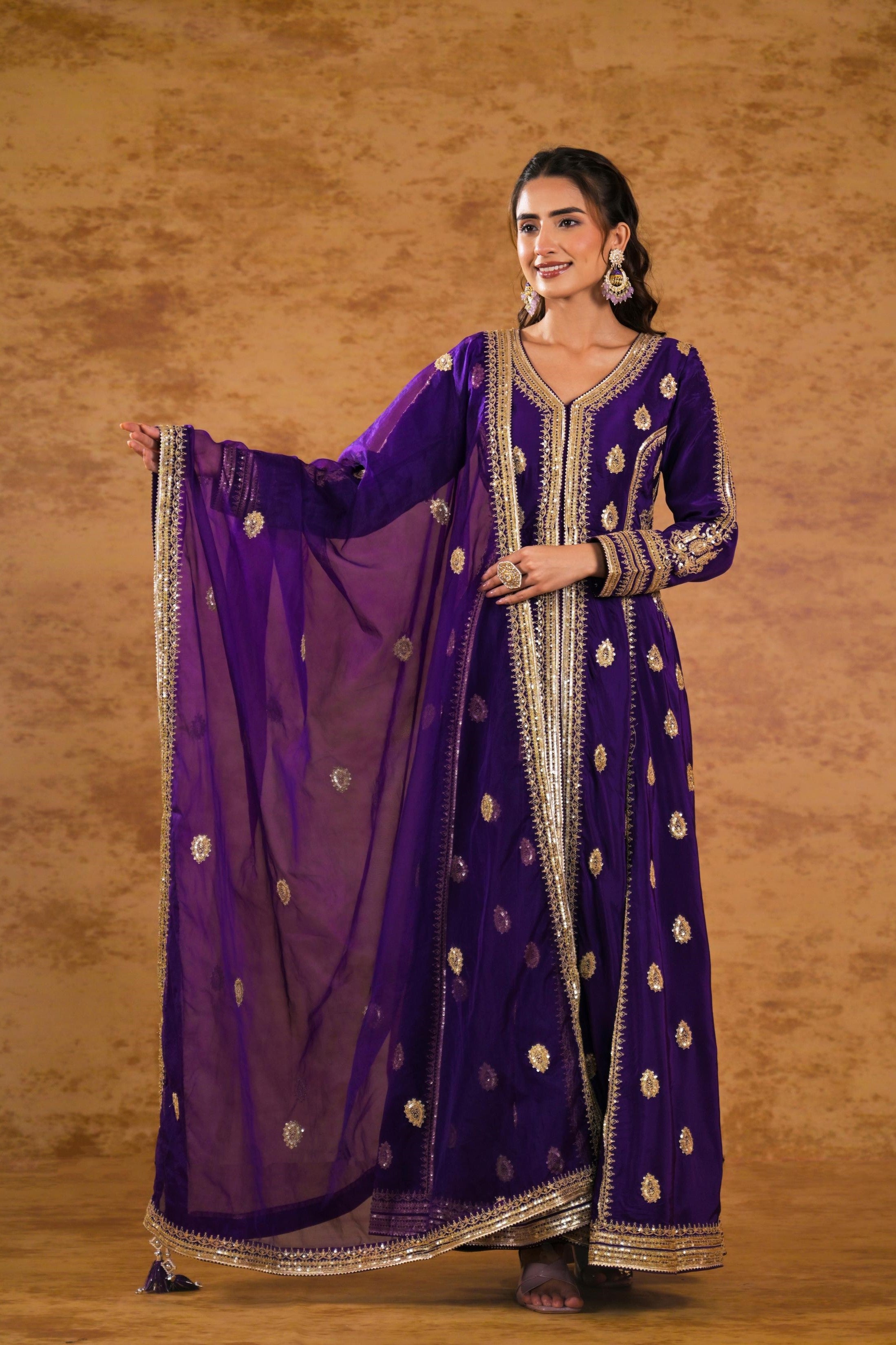 Purple Embellished Pure Silk Anarkali Set