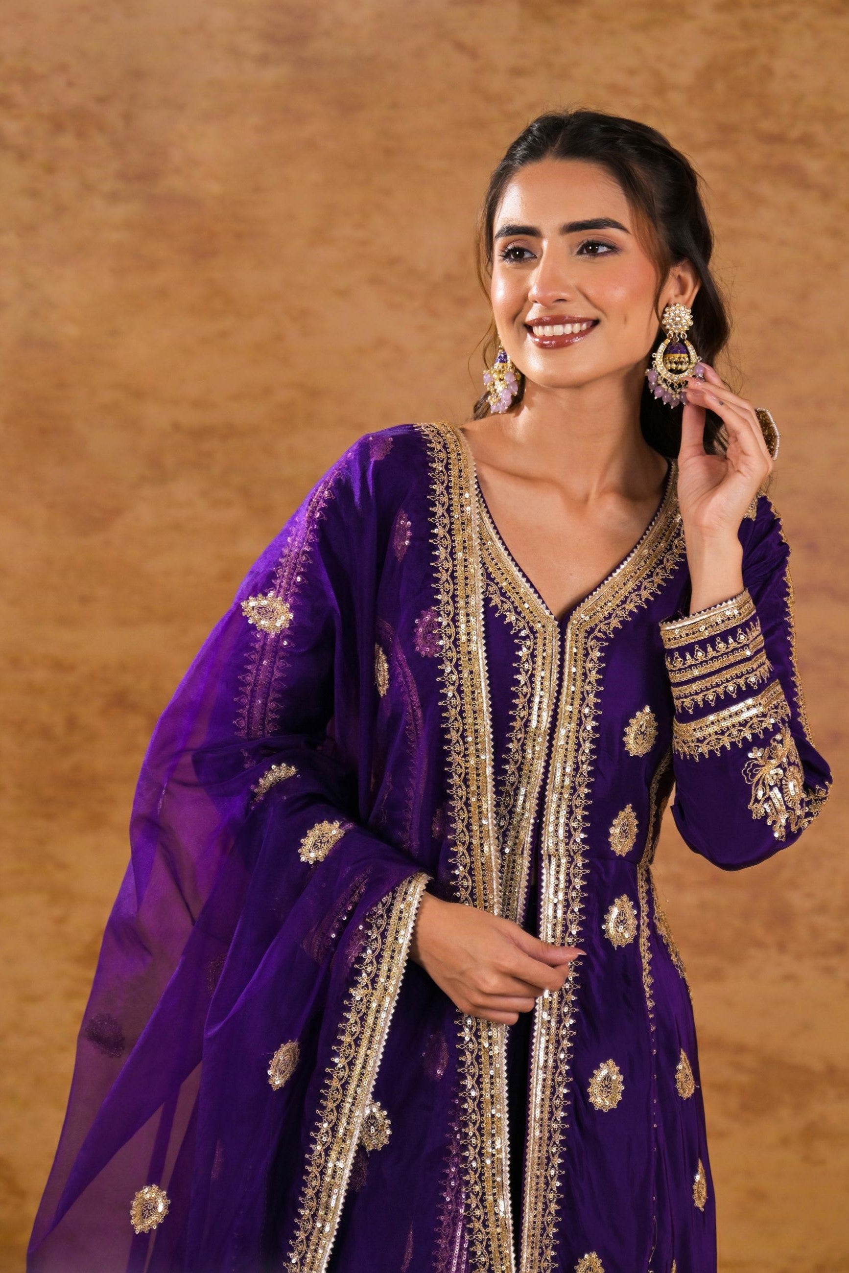 Purple Embellished Pure Silk Anarkali Set