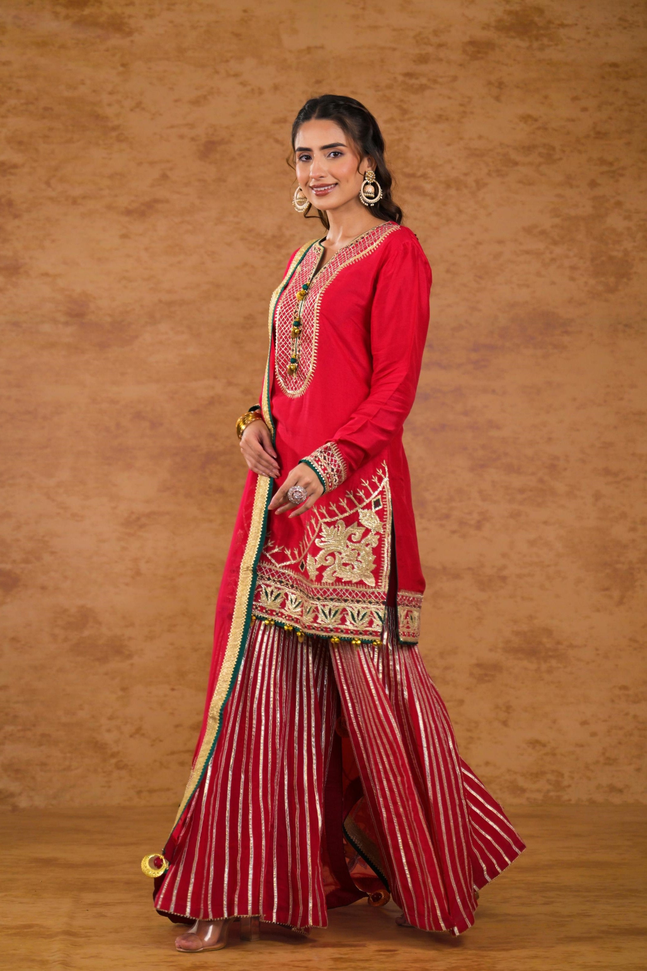 Cerise Pink Embroidered Raw Silk Sharara Set