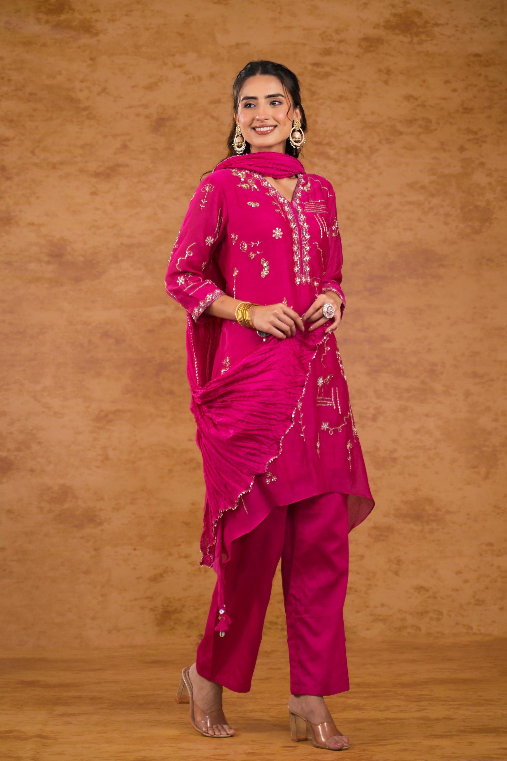 Pink Embroidered Pure Silk Pants Set