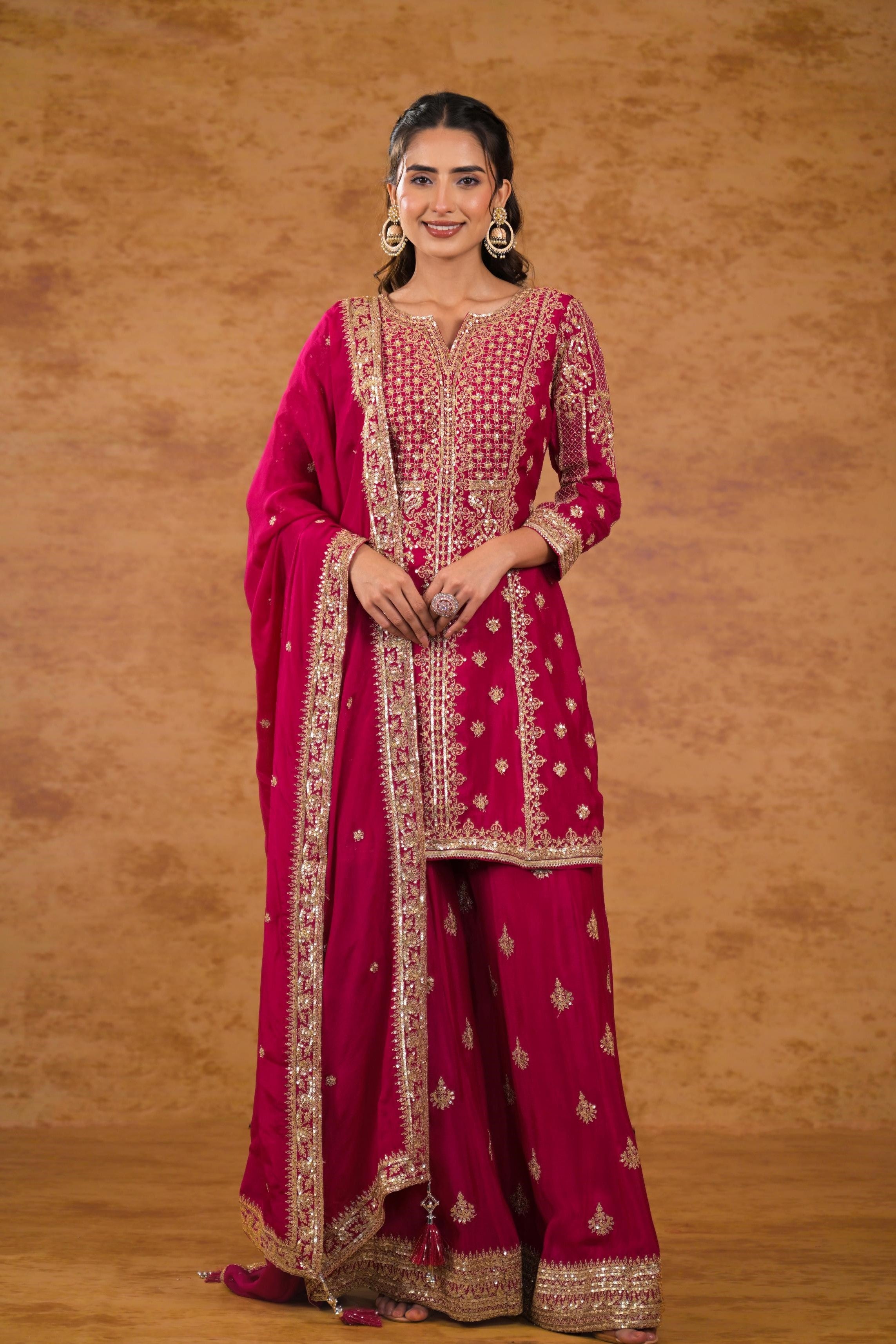 Deep Pink Embellished Chinon Silk Palazzo Set