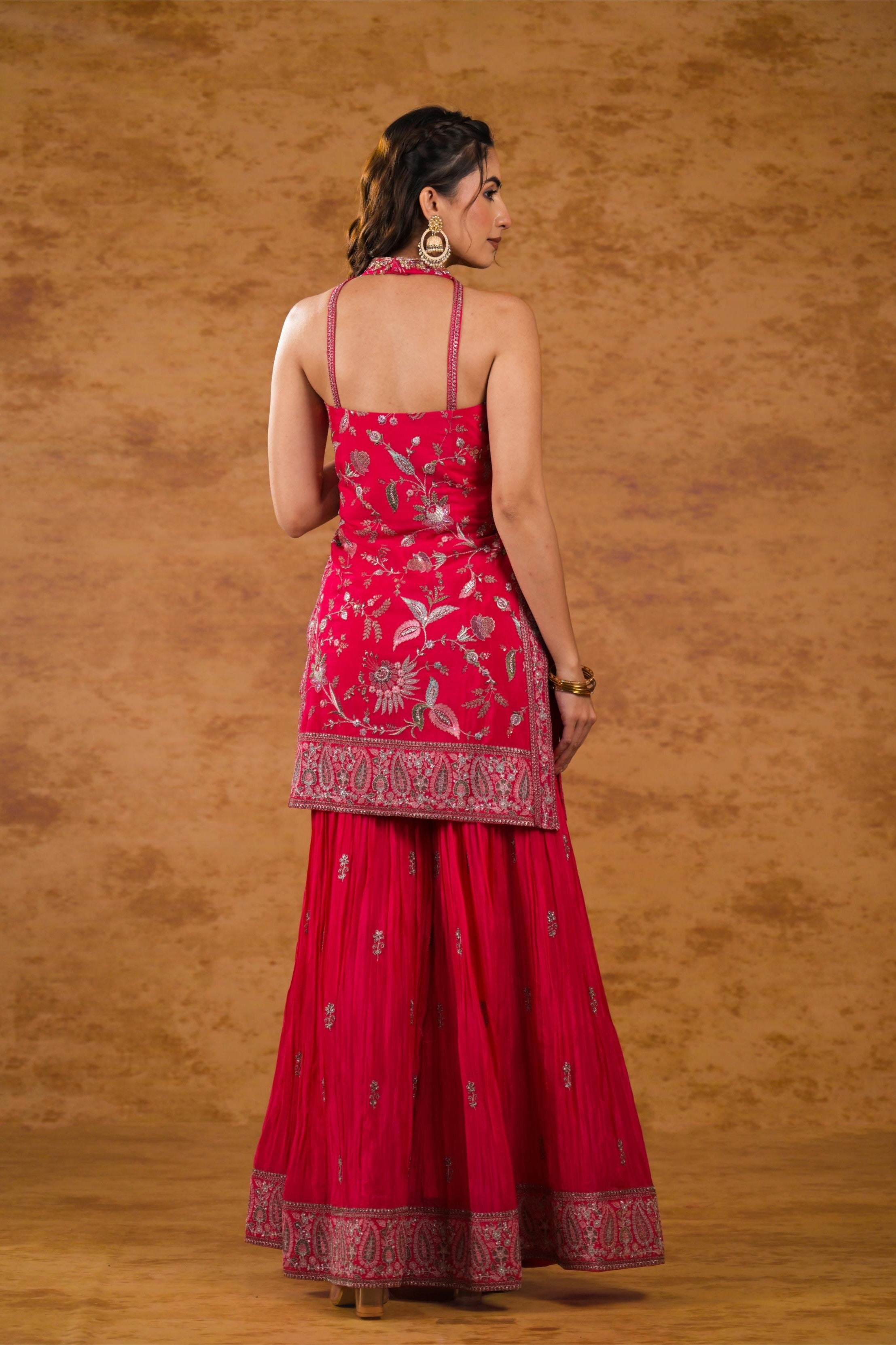 Pink Embellished Chinon Silk Sharara Set