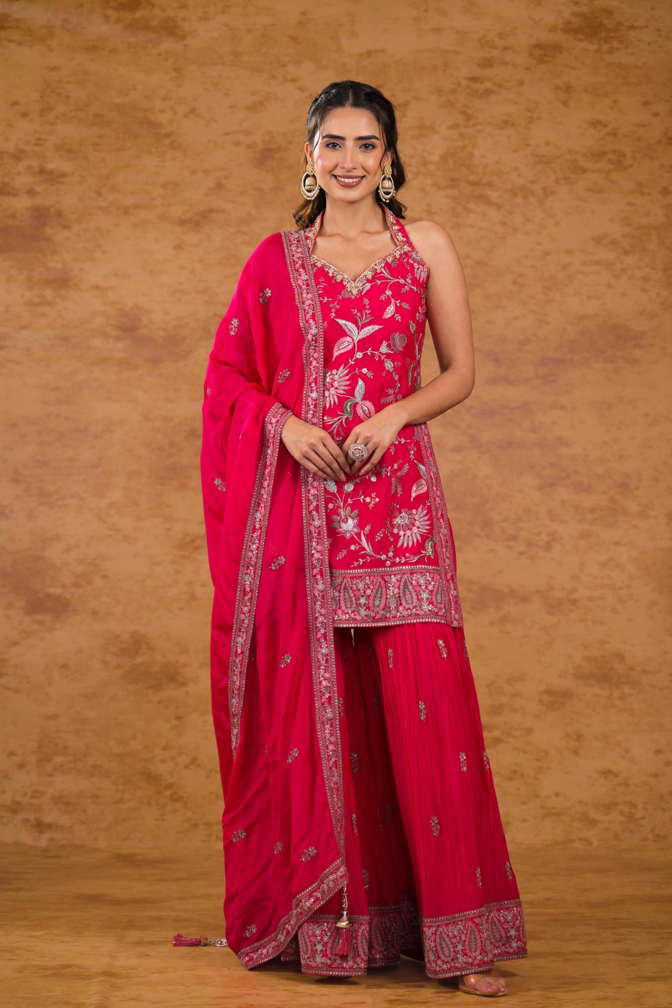 Pink Embellished Chinon Silk Sharara Set