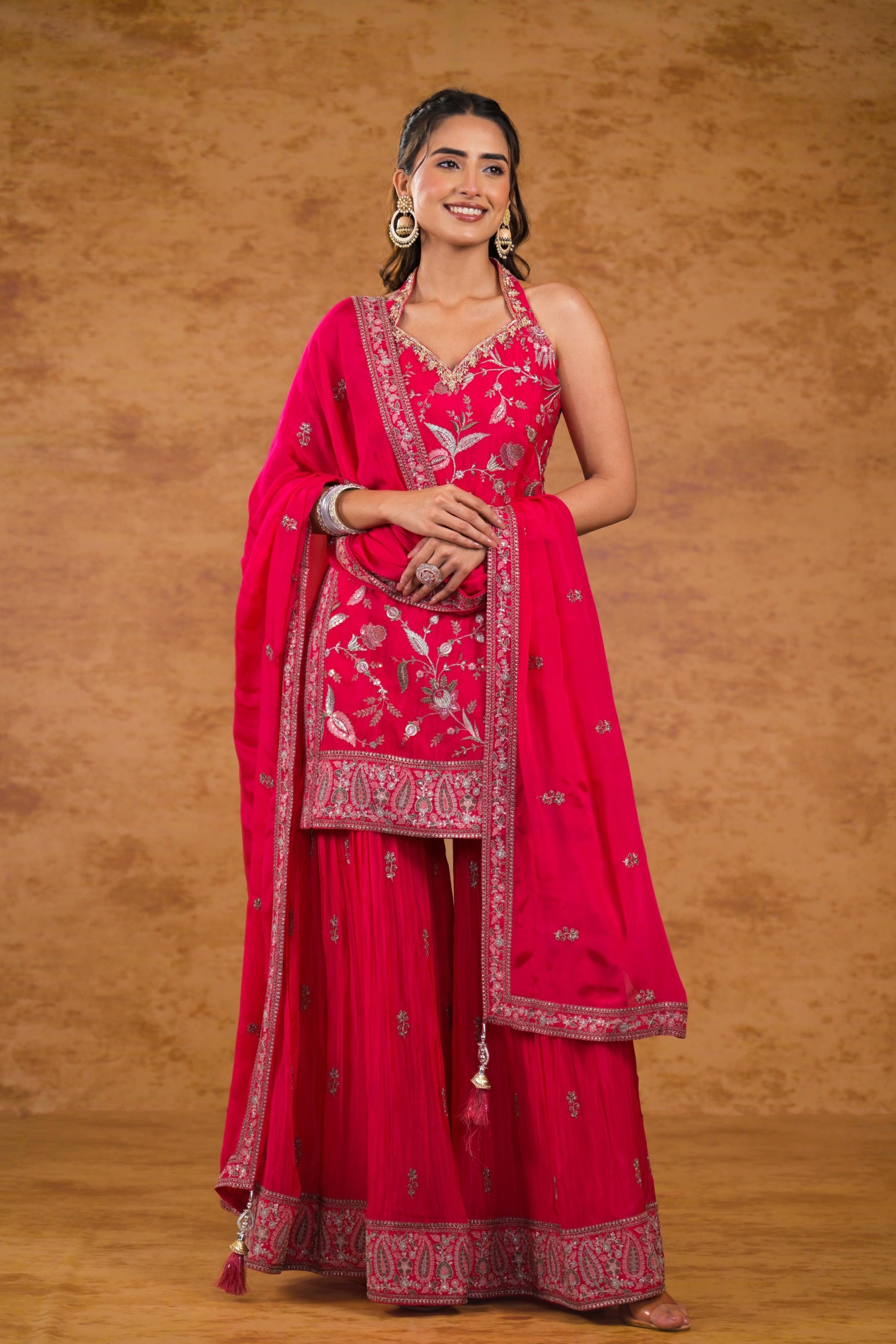 Pink Embellished Chinon Silk Sharara Set