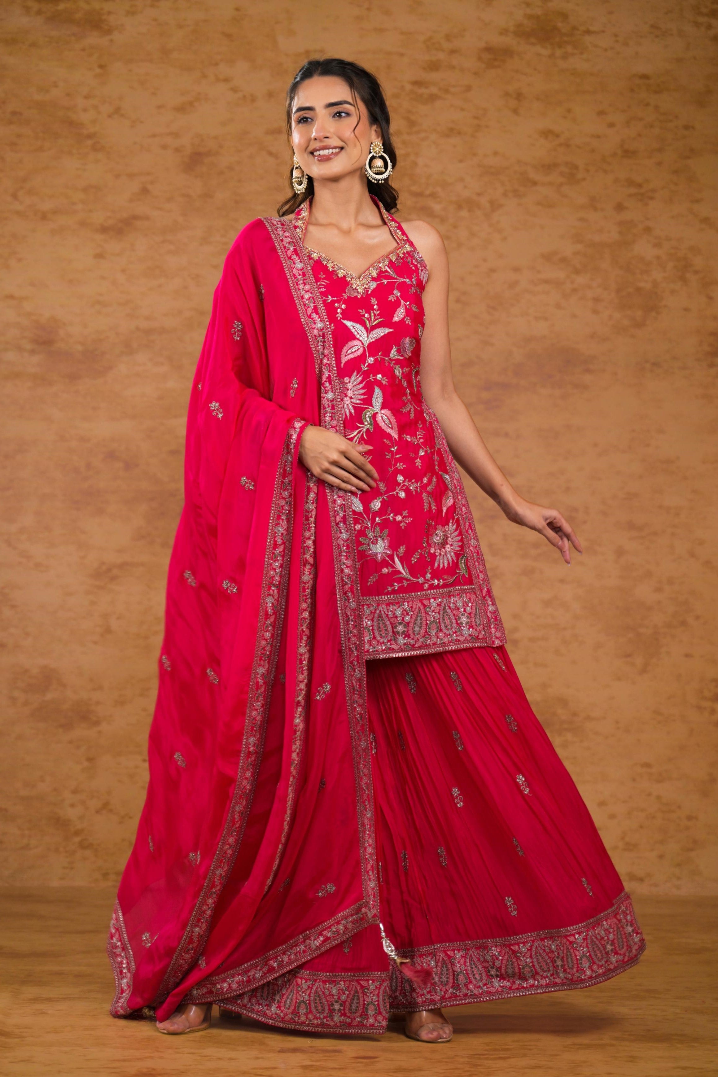 Pink Embellished Chinon Silk Sharara Set