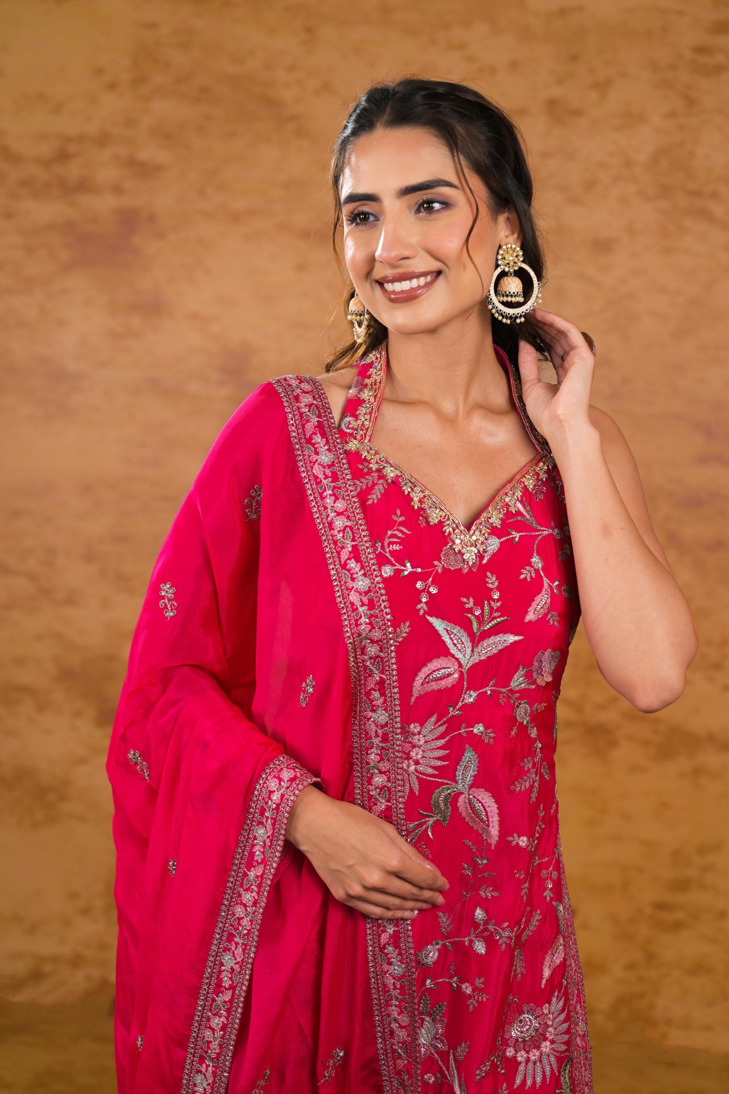 Pink Embellished Chinon Silk Sharara Set