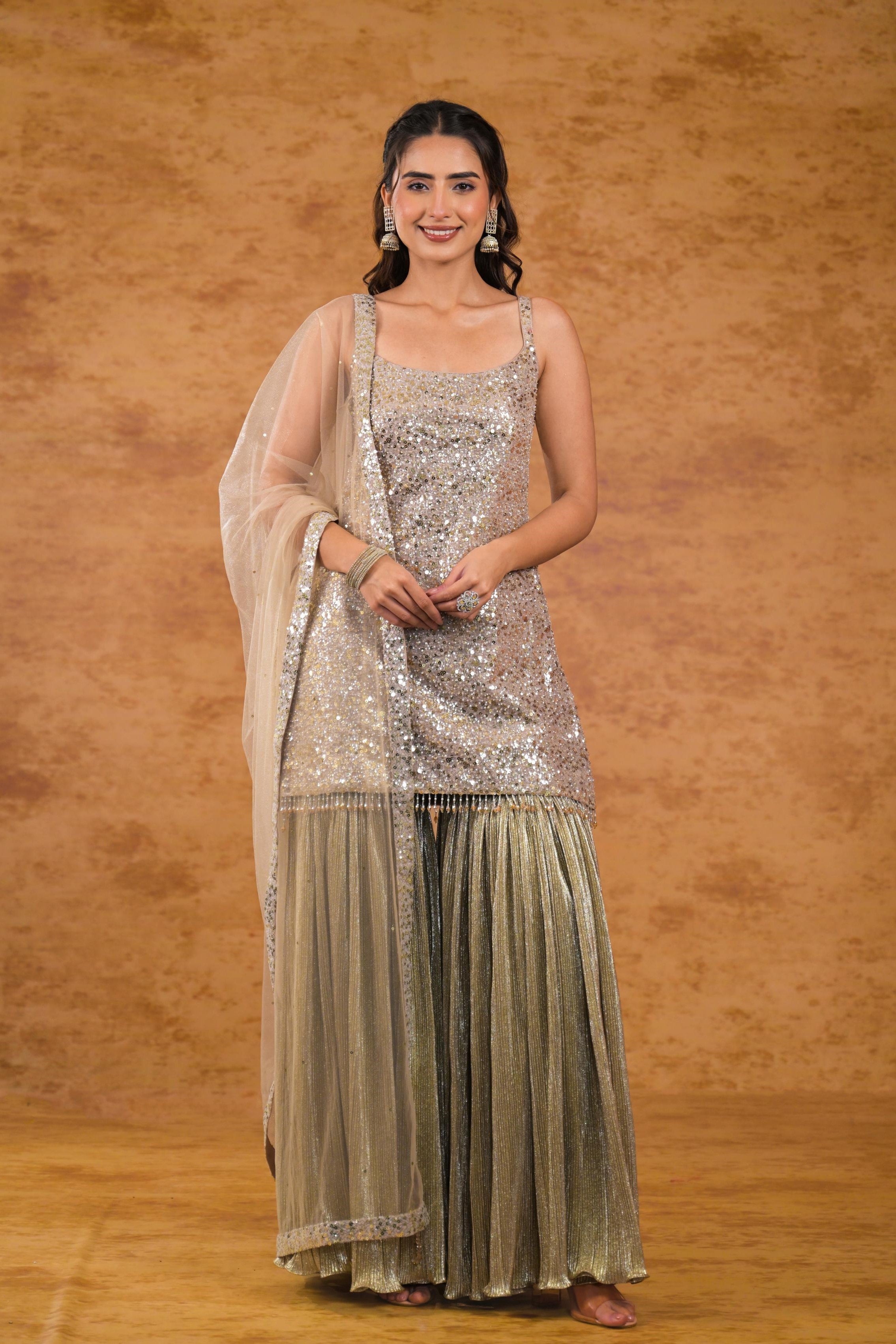 Champagne Embellished Shimmer Metallic Silk Sharara Set