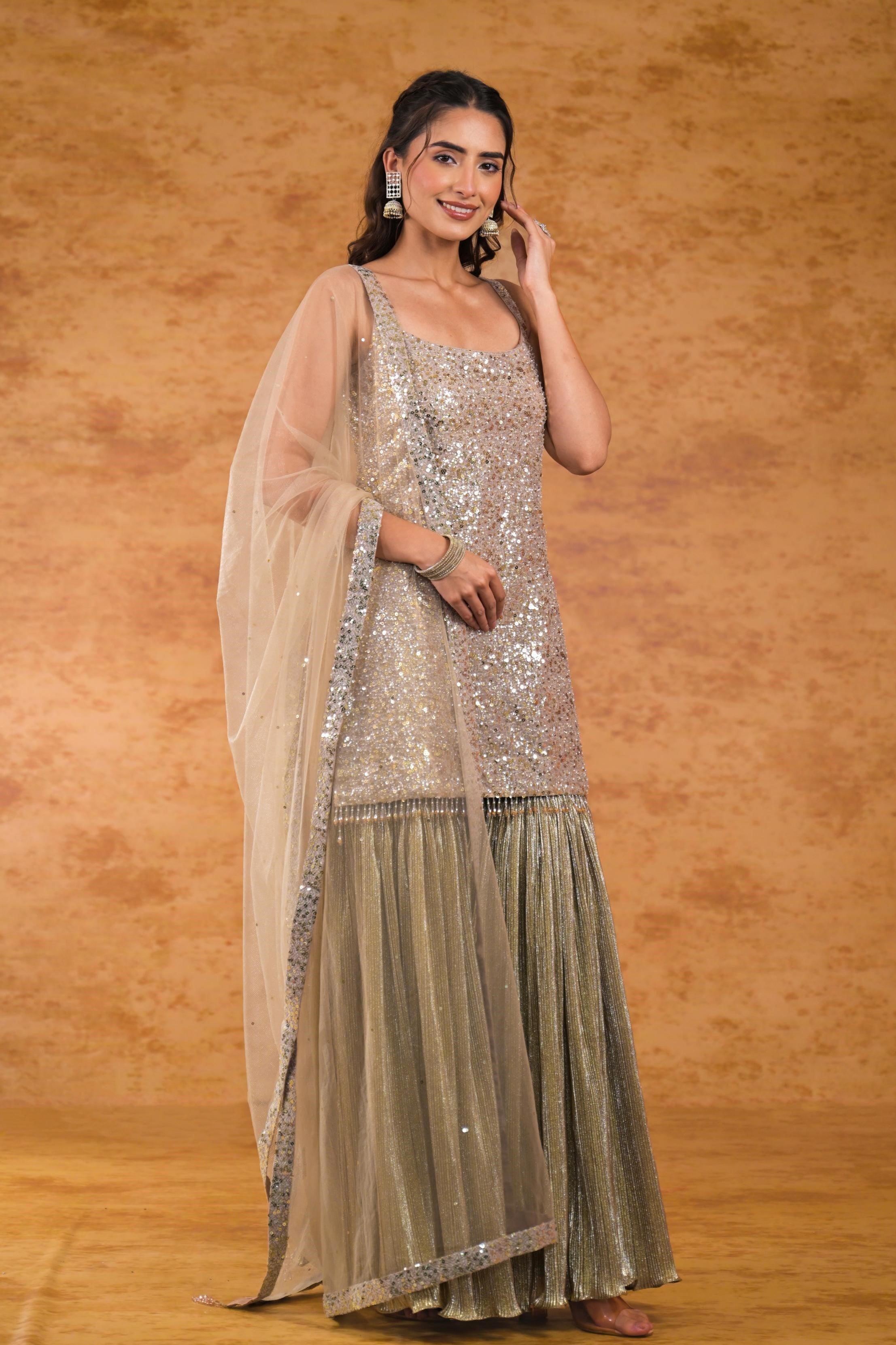 Champagne Embellished Shimmer Metallic Silk Sharara Set