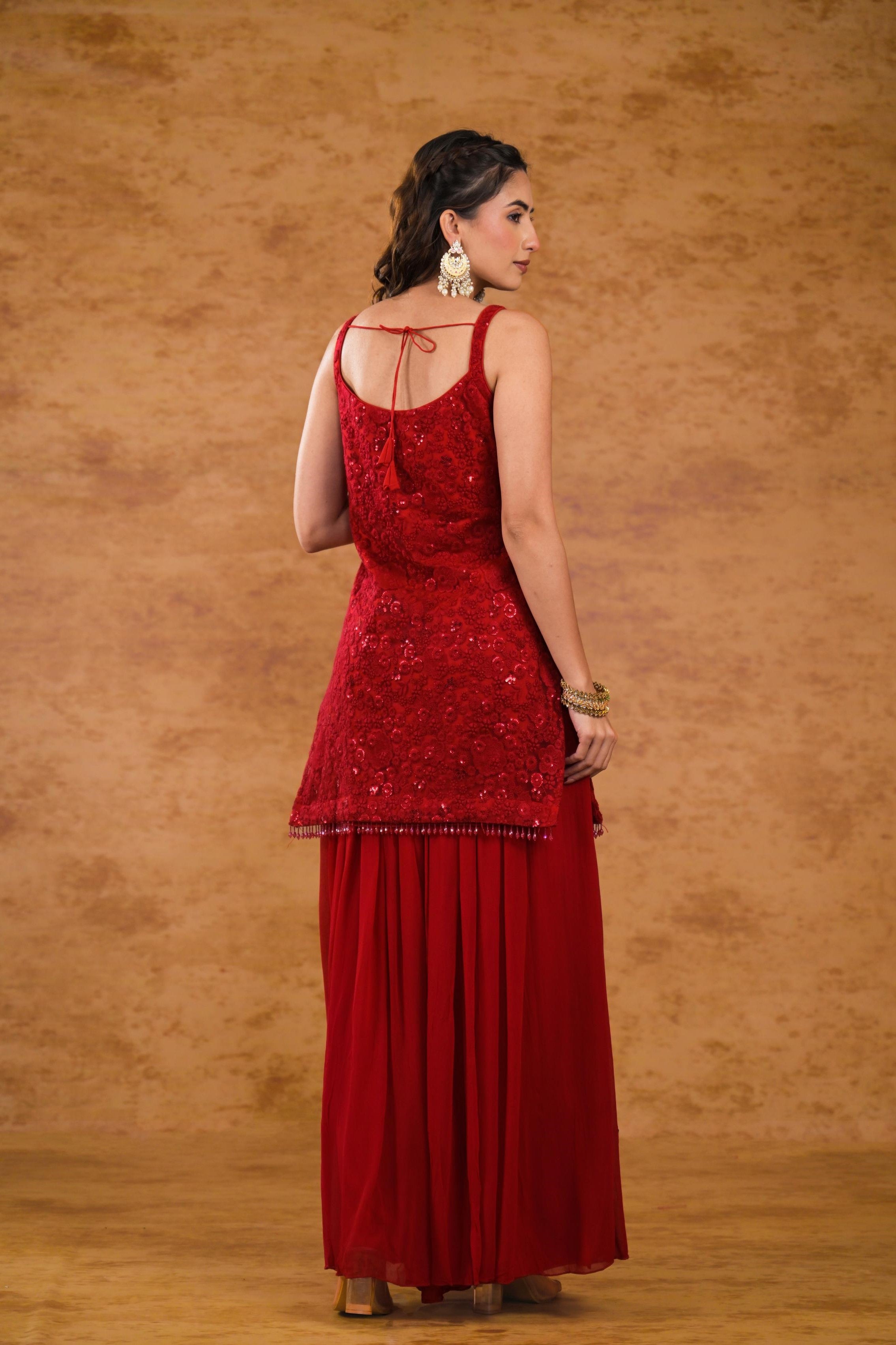 Scarlet Red Embellished Premium Net Palazzo Set