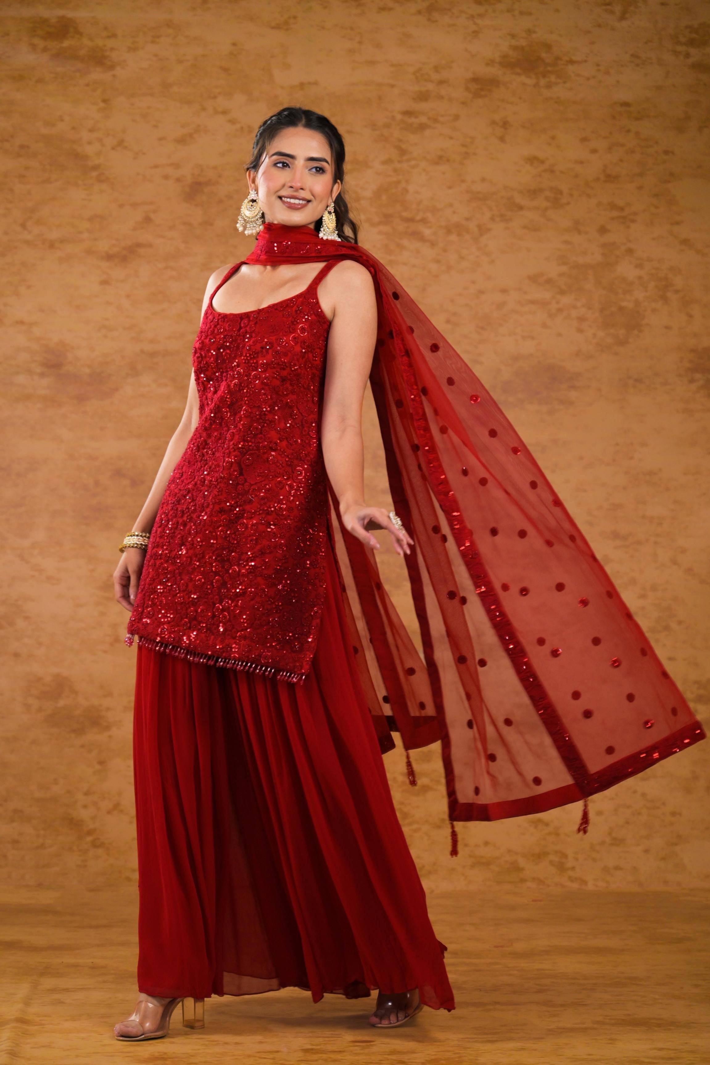 Scarlet Red Embellished Premium Net Palazzo Set