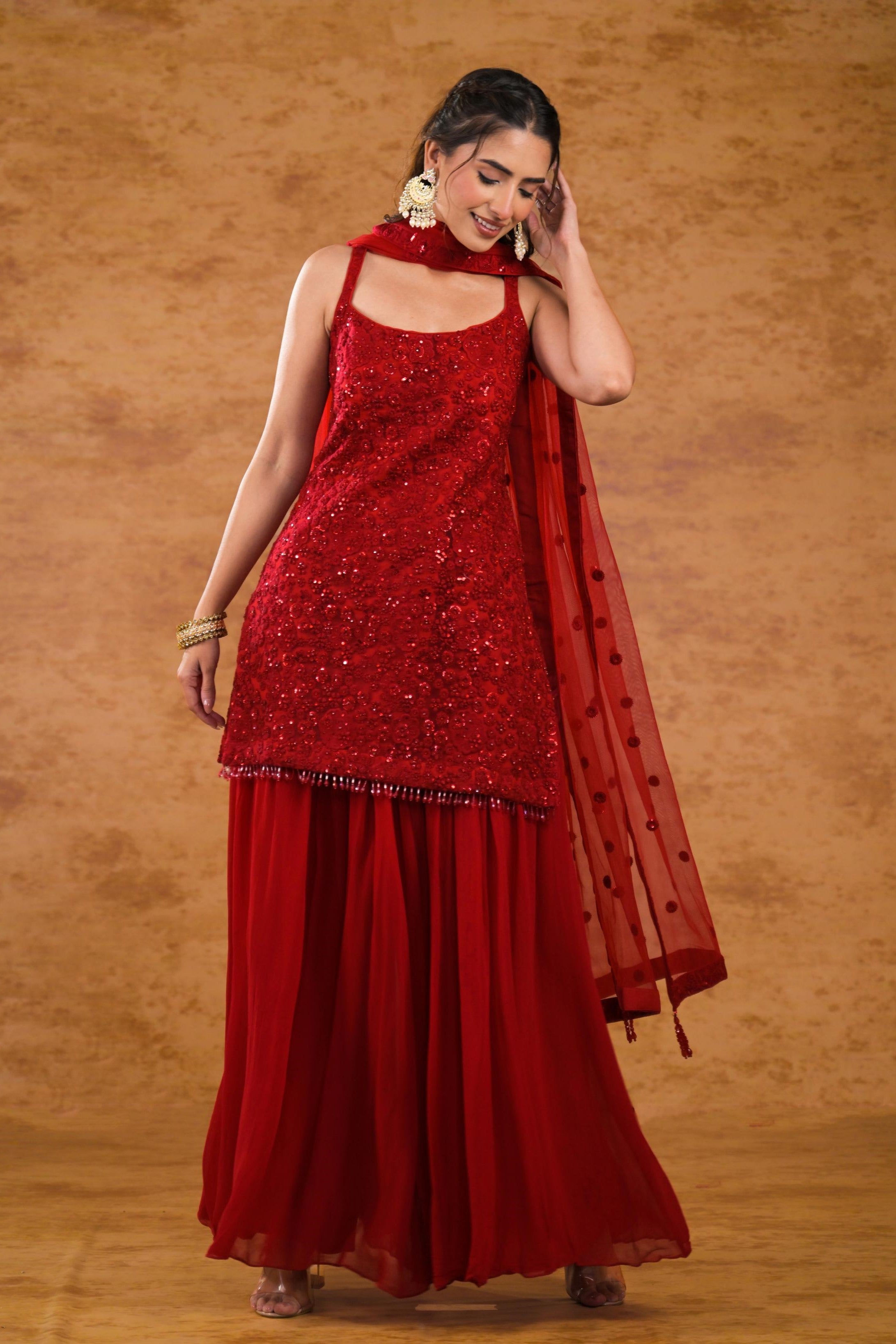 Scarlet Red Embellished Premium Net Palazzo Set