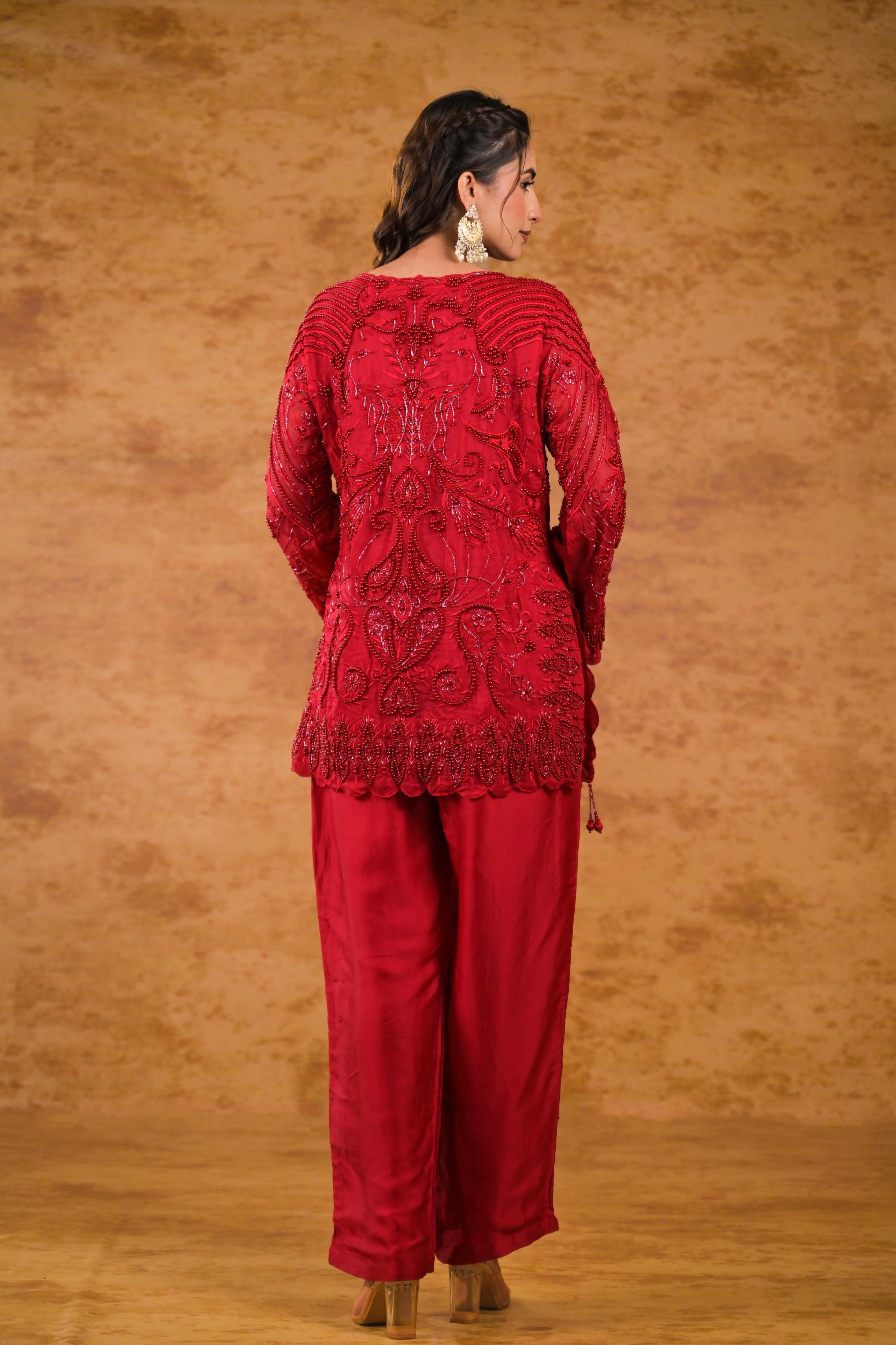 Deep Red Embroidered Organza Silk Pants Set