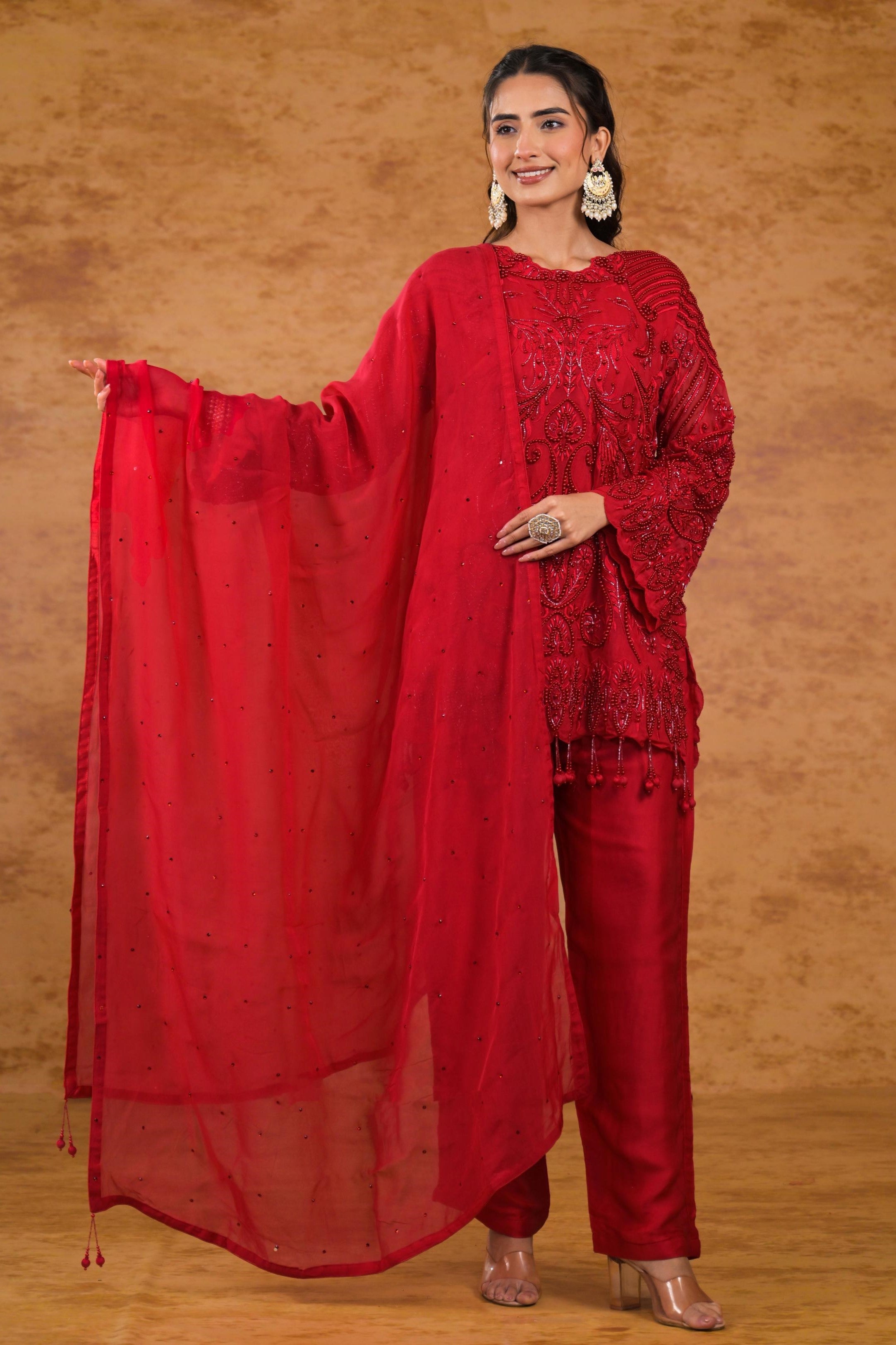 Deep Red Embroidered Organza Silk Pants Set