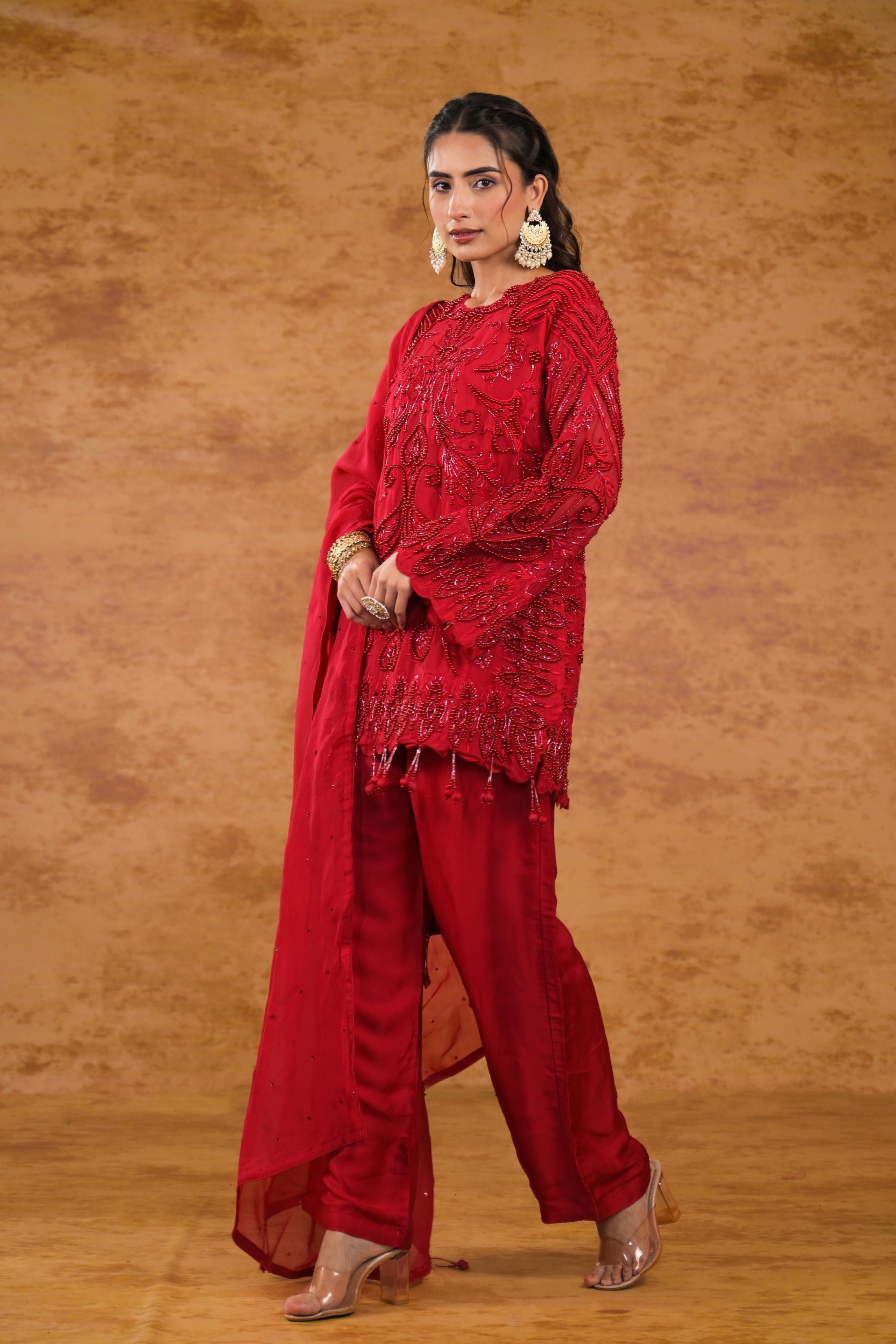 Deep Red Embroidered Organza Silk Pants Set