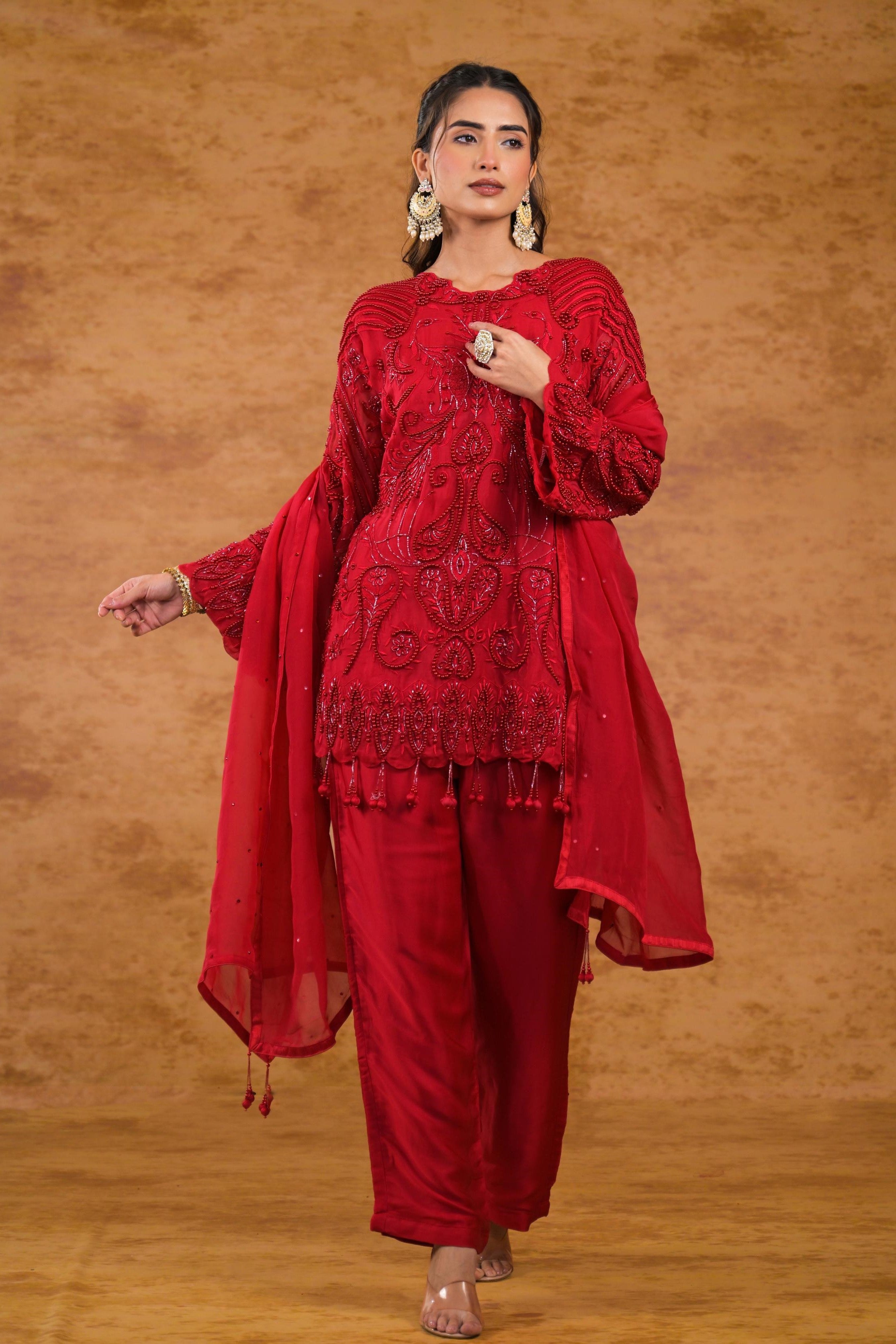 Deep Red Embroidered Organza Silk Pants Set