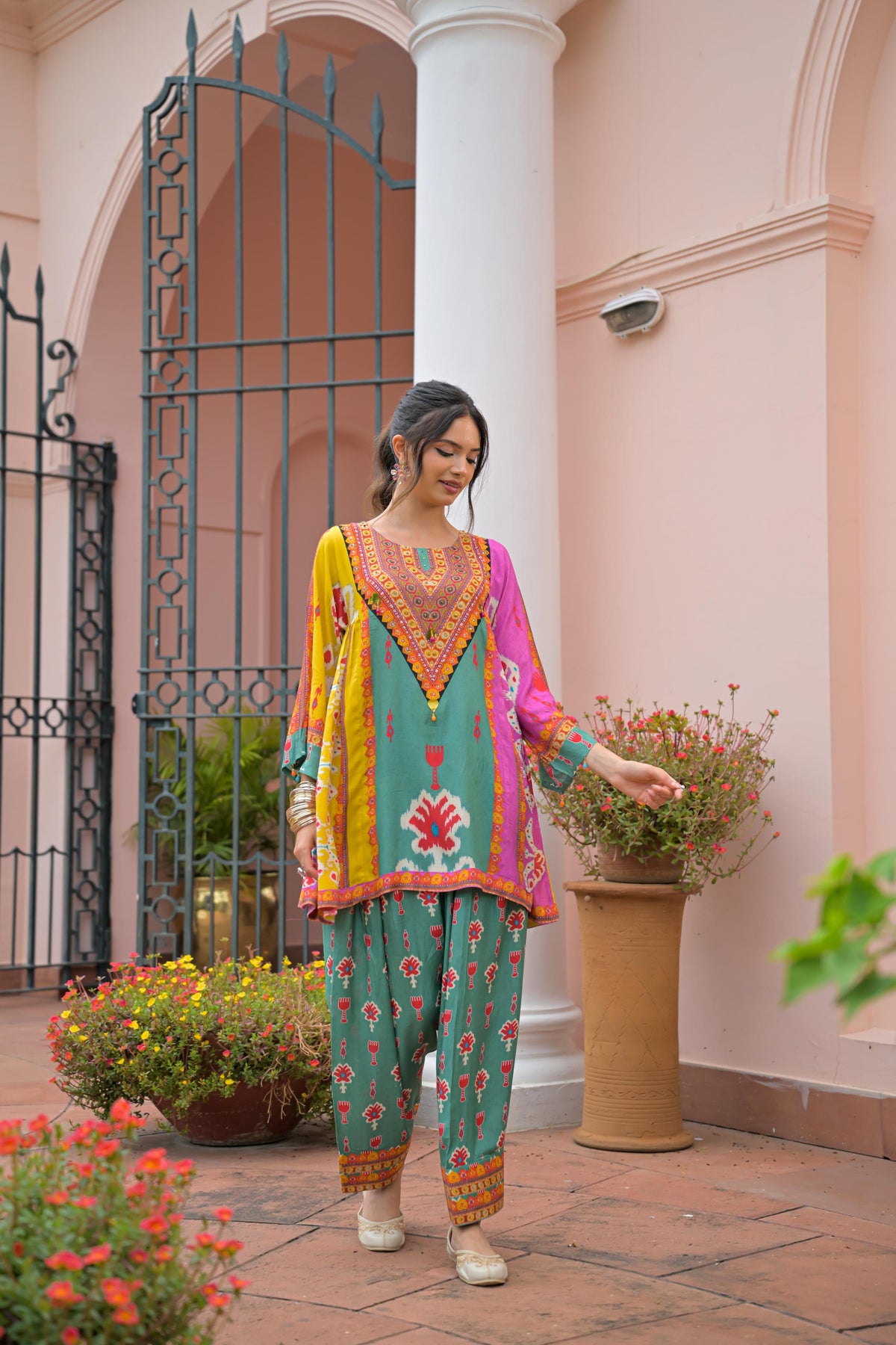 Turquoise Green Embellished Crepe Silk Salwar Set