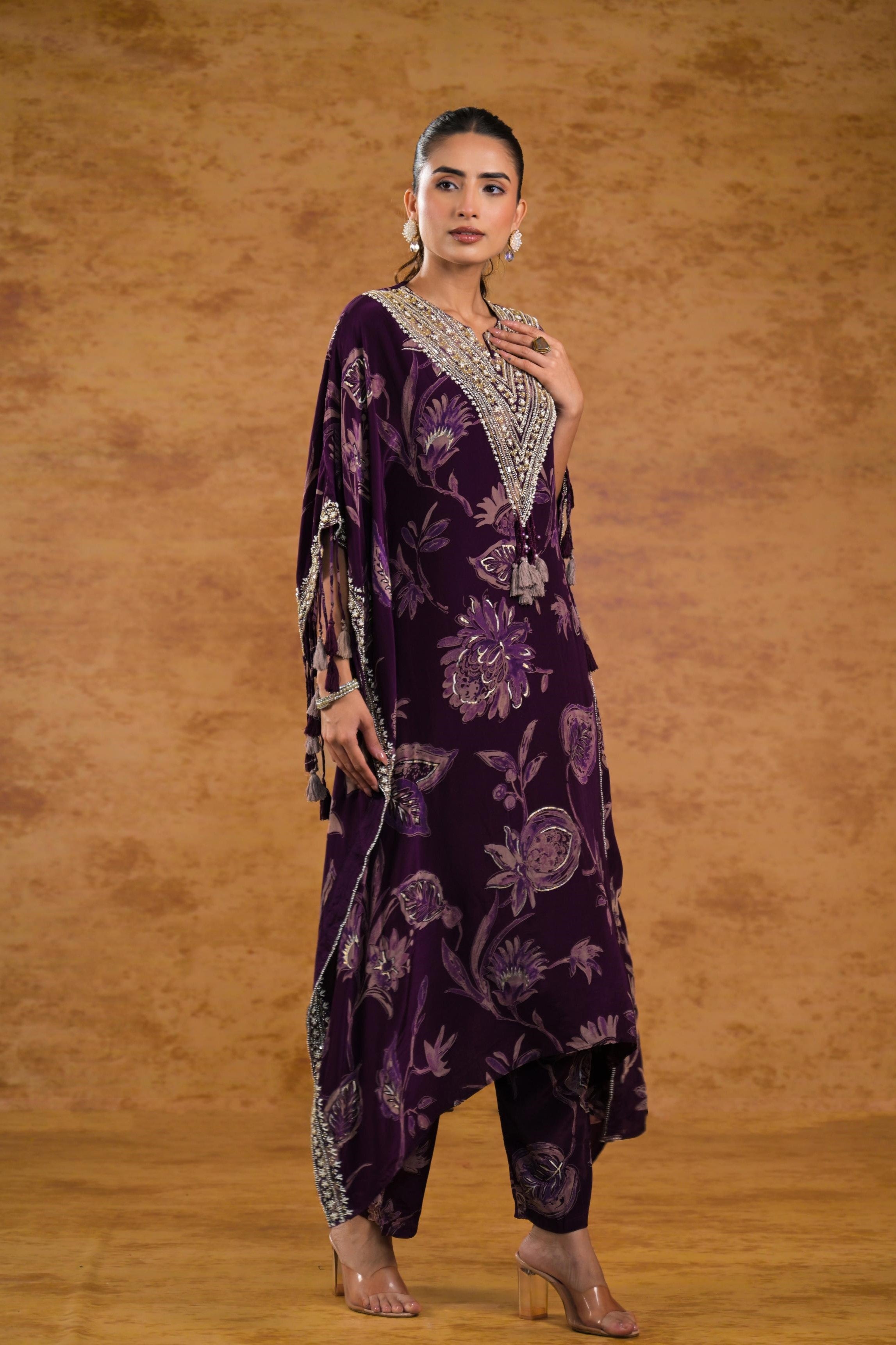 Wine Floral Printed Crepe Silk Kaftan Set