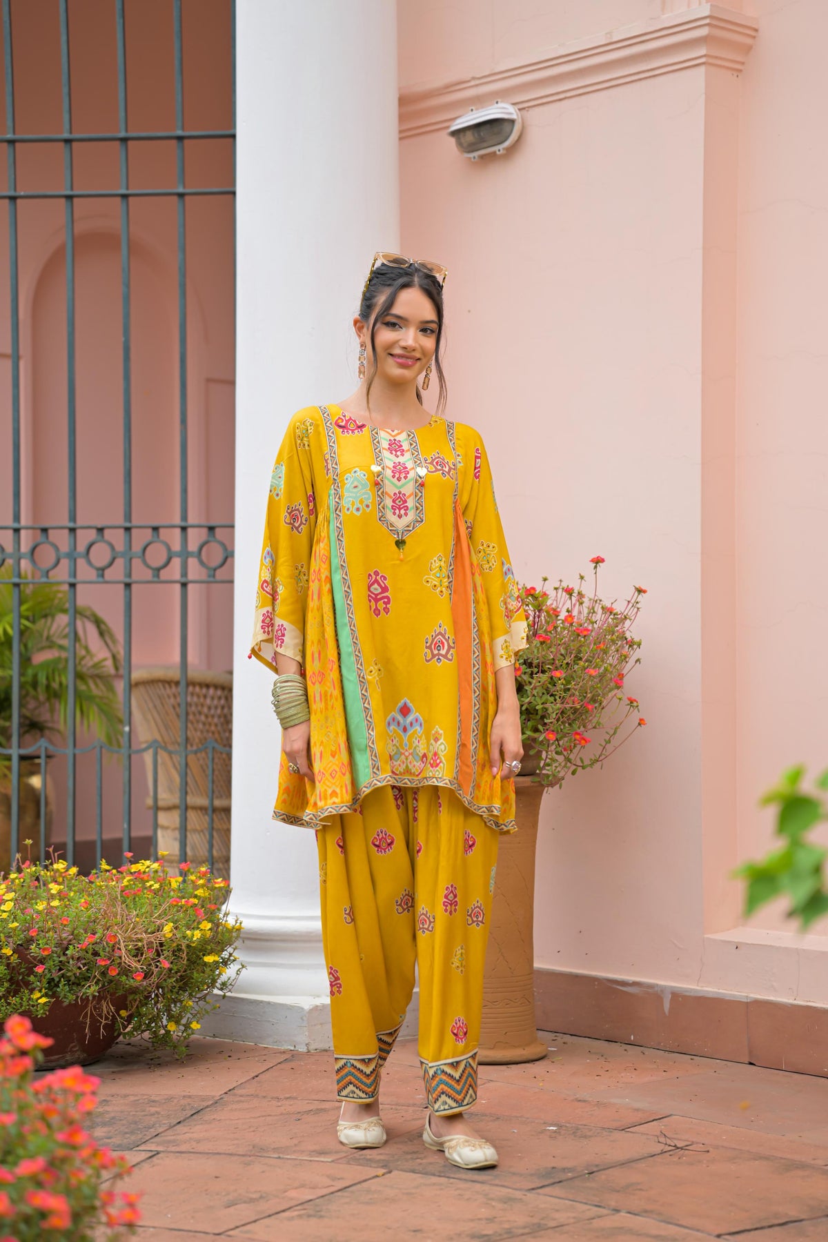 Mustard Yellow Embellished Muslin Silk Farshi Salwar Set