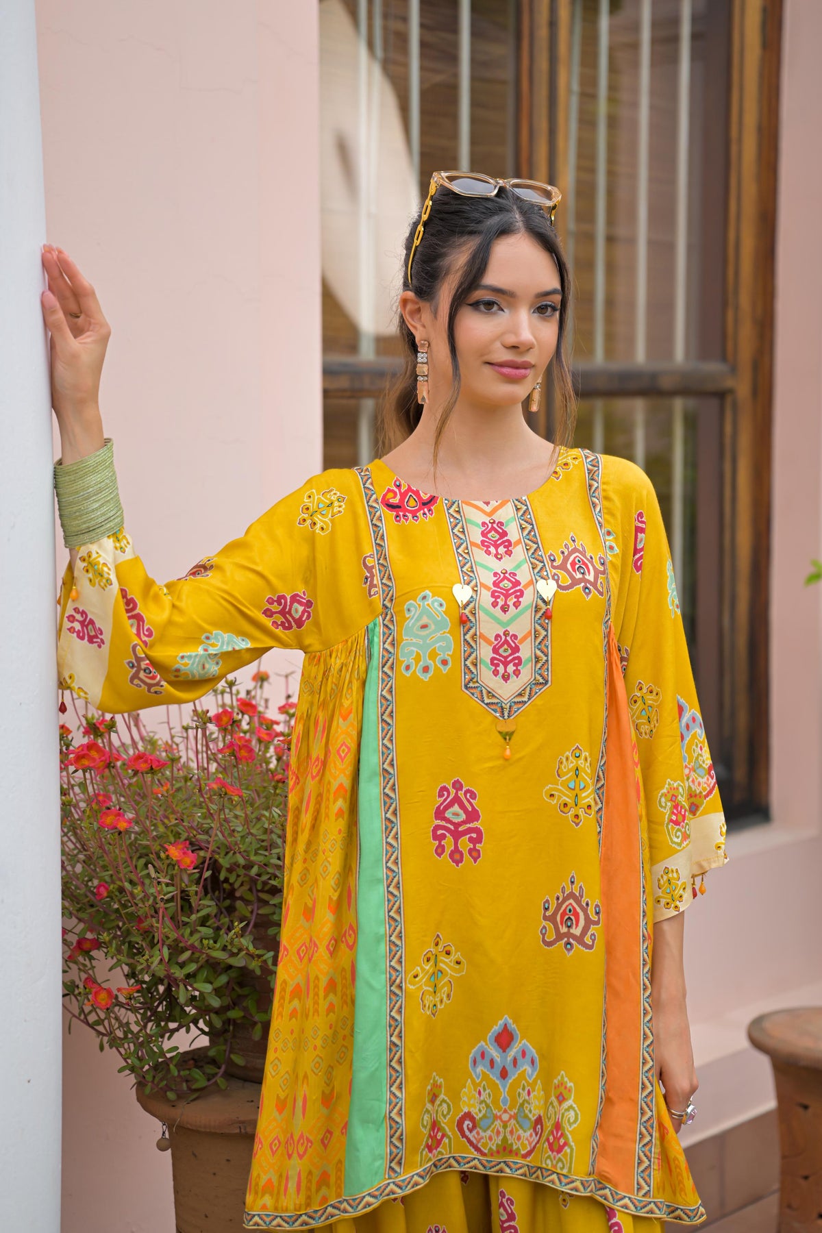 Mustard Yellow Embellished Muslin Silk Farshi Salwar Set